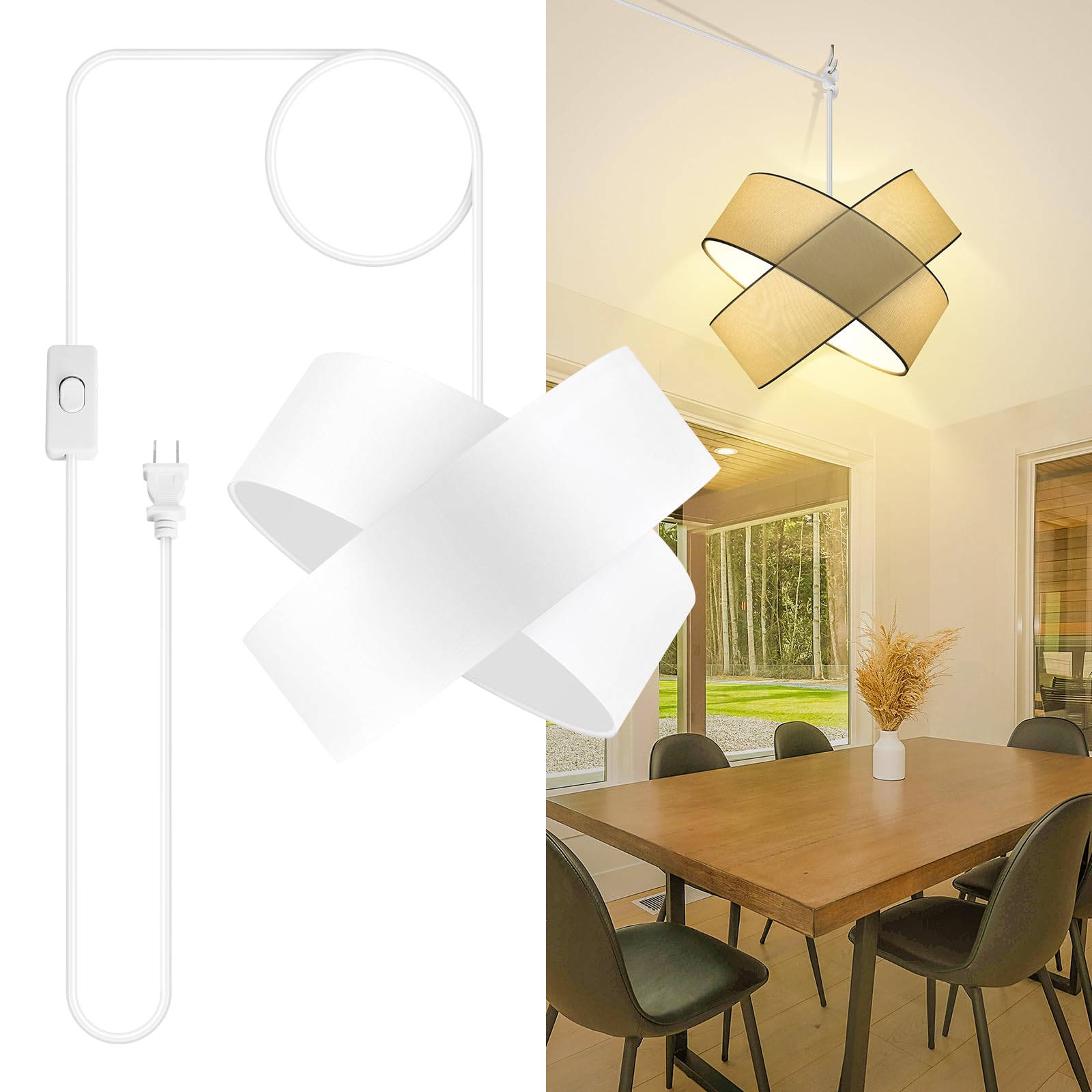Plug in Pendant Light Ceiling Fixture, White Hanging Lamp with 14.5FT Plug-in Cord, On/Off Switch, 13" Linen Lampshade, Overhead Hanging Light for Living Room Bedroom Dining Room(E26 Base, NO Bulb)