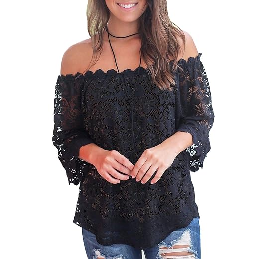 MIHOLL Women's Lace Off Shoulder Tops Casual Loose Blouse Shirts