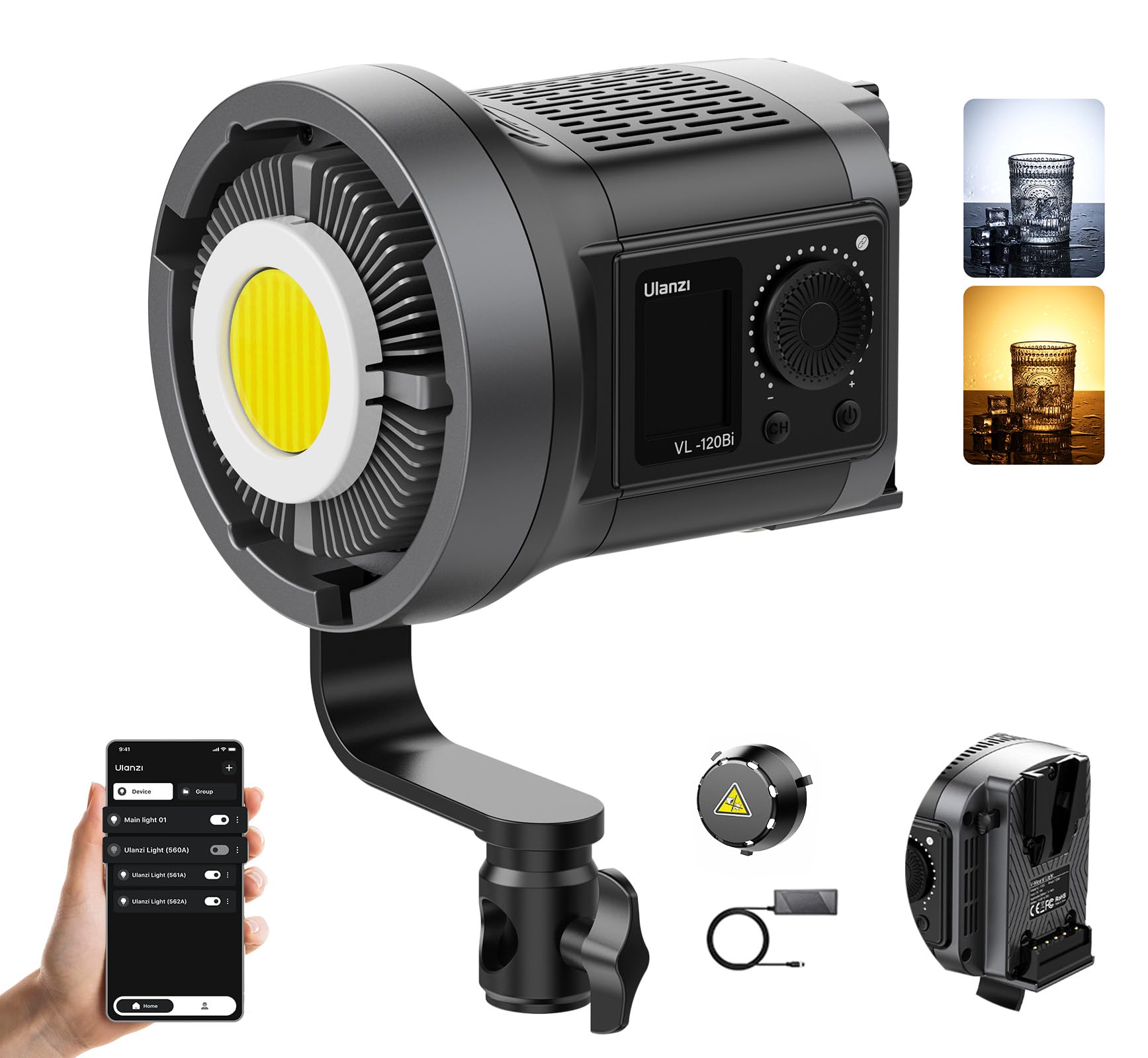 Ulanz i 120W Bi-color V-Mount LED Video Light | Runs on V Mount Batteries & DC Power | 2700-6500K, CRI＞95 | 20700 Lux 6500K@1m | 0-100% Dim, 360 fine tuning HSI Saturation | Smart App | 1-Yr Warranty