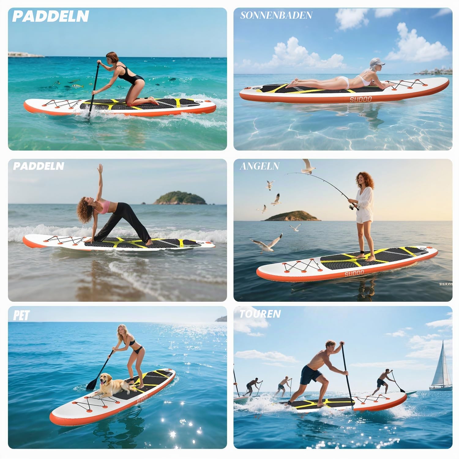 SUDOO 3M Aufblasbares Stand-Up-Paddle-Board, 15cm dick SUP Board Komplettset, rutschfest Eva-Deck Surfbrett, Komplettes Surfbrett-Set für Anfänger, Erwachsene, Angeln/Yoga