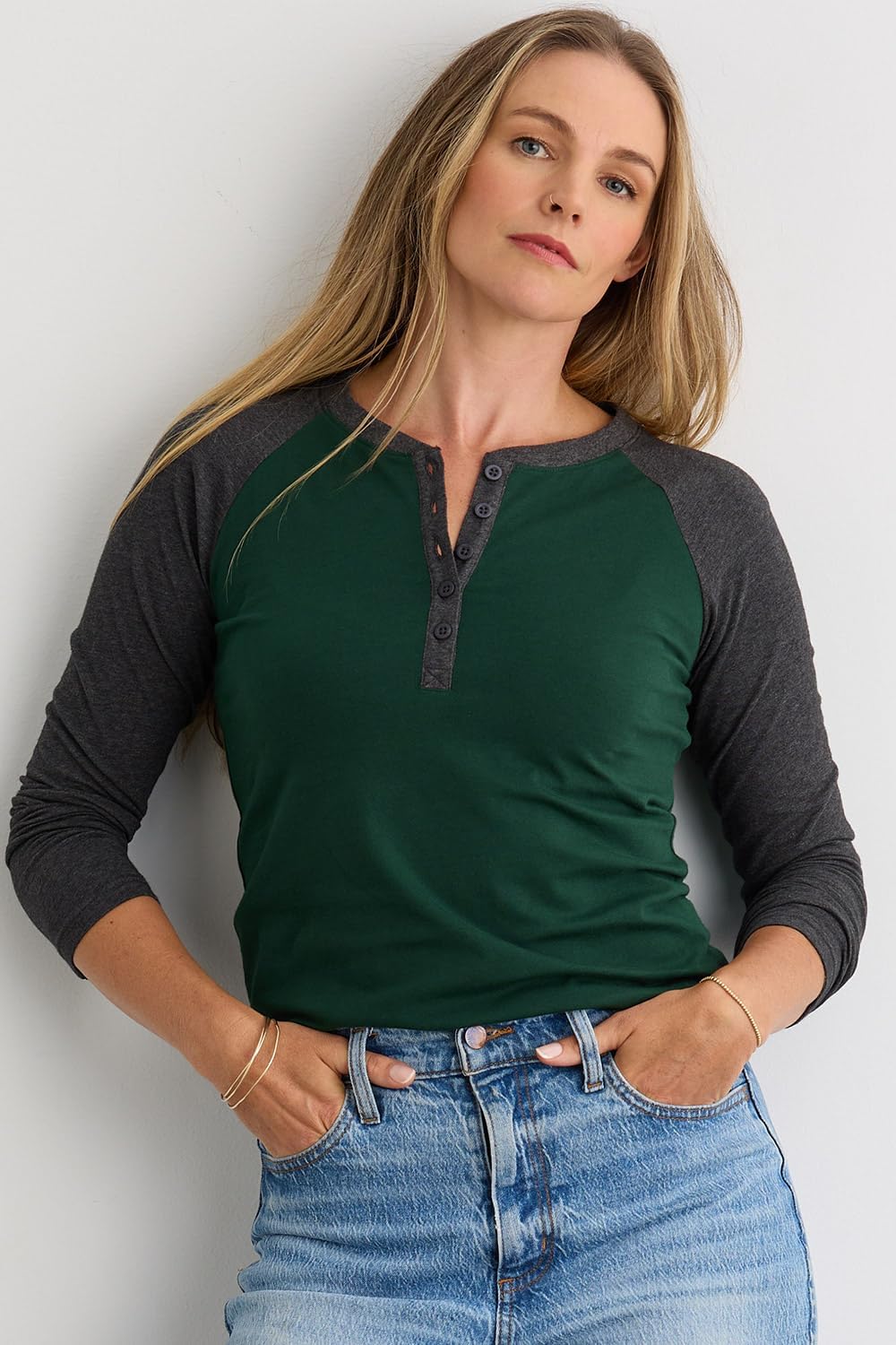 Fair Indigo Women's Organic Pima Cotton Raglan Sleeve Henley - Image 2