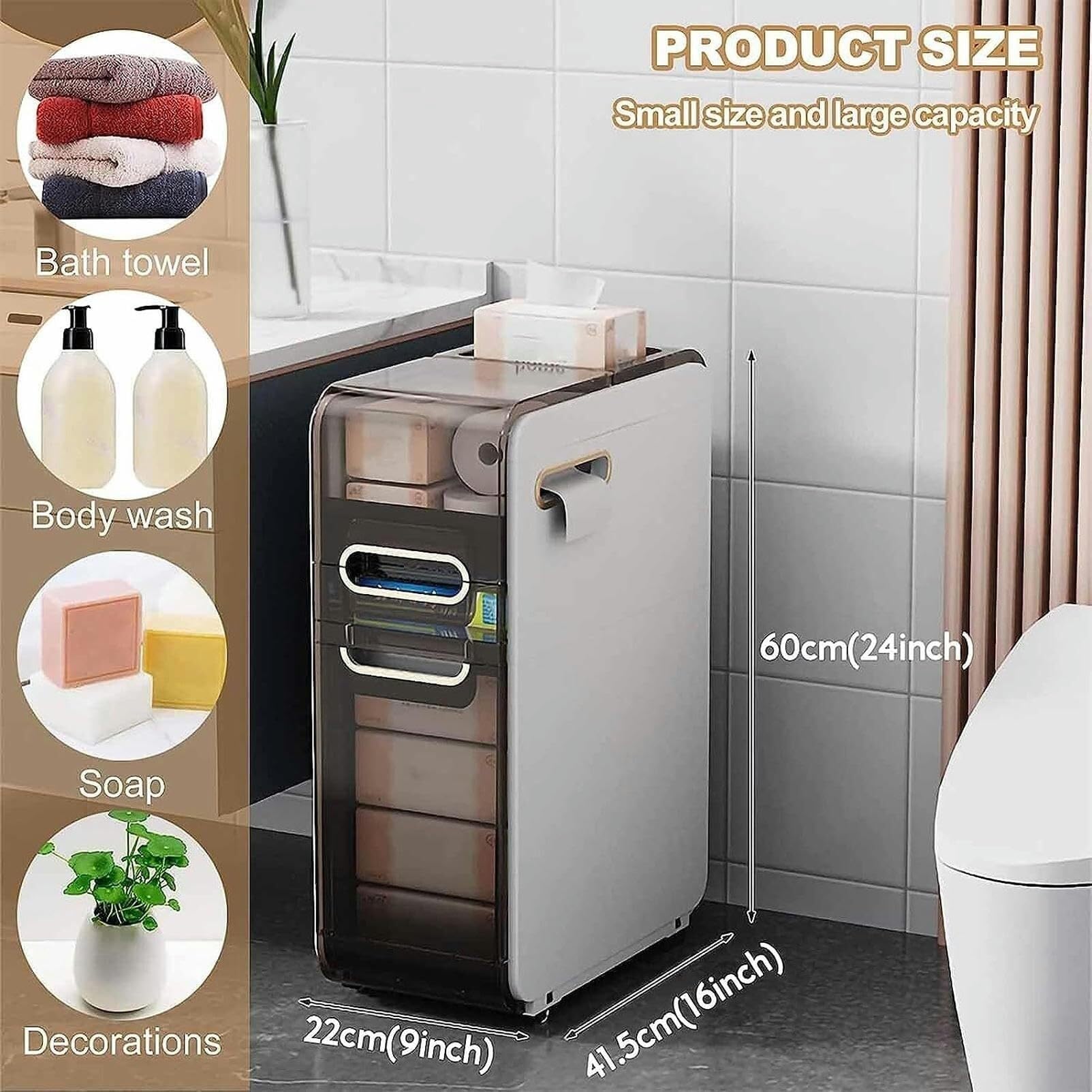 Organizador de piso para baño Delgado en Forma de Torre con cajones transparentes de Gran capacidad y portarrollos, unidad de almacenamiento Vertical para artículos esenc