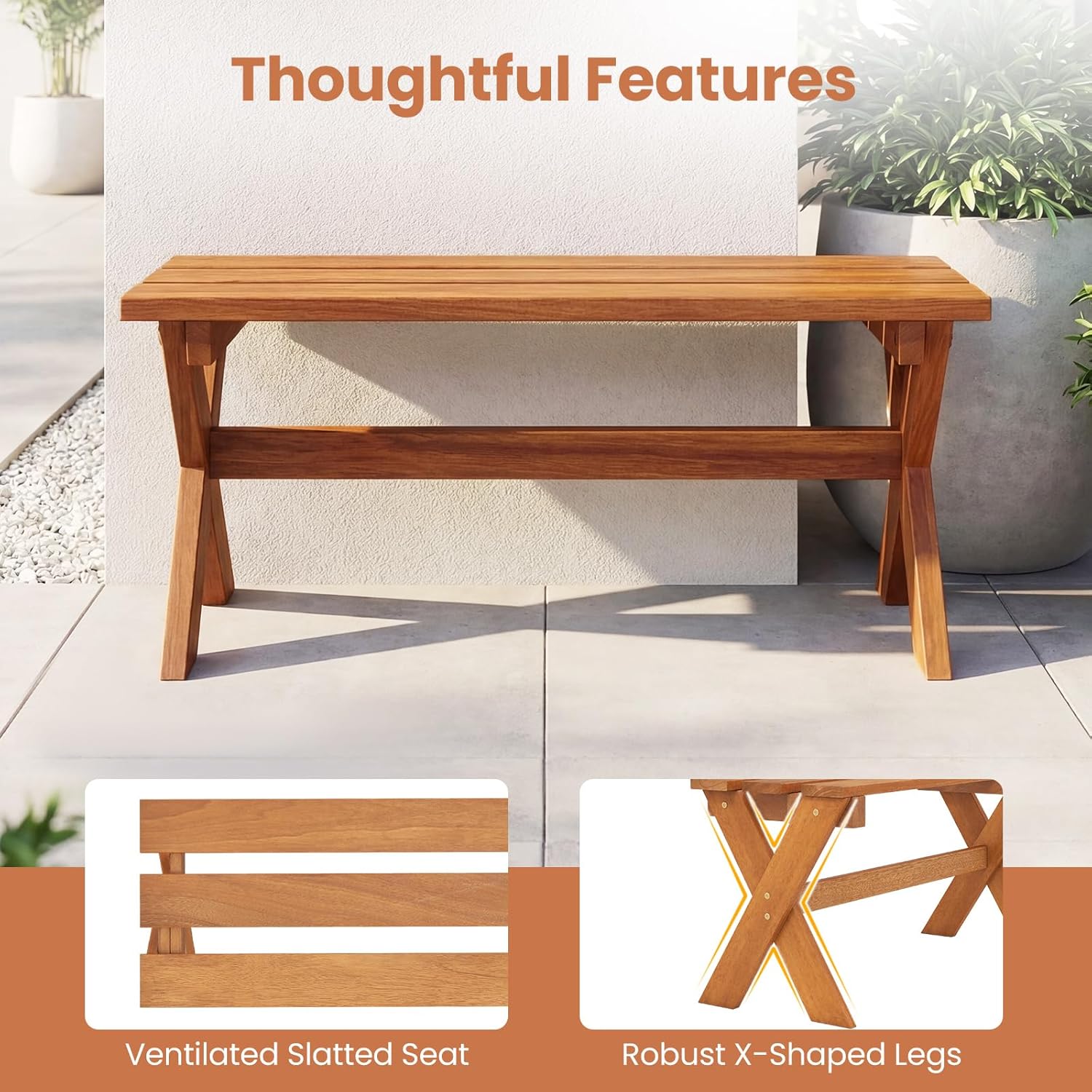 Tangkula Outdoor Wood Bench Backless, Patio Dining Bench with Teak Oil Finish & Slatted Seat, X-Shaped Frame, Farmhouse Wooden Bench Plant Stand, Outside Bench for Porch, Garden, Entryway (1)