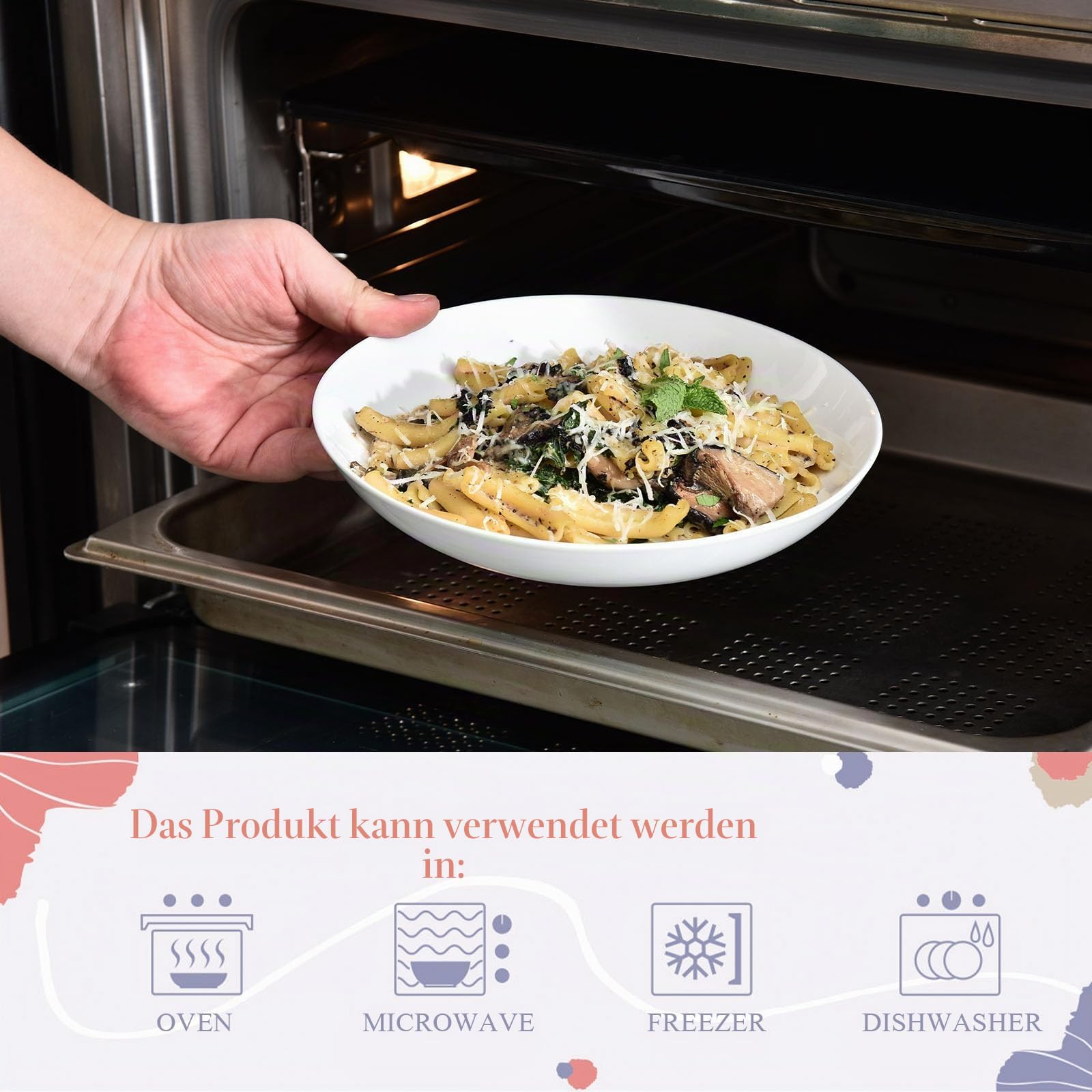 Miicol Pastateller 6 Teilig, Suppenteller Weiße 800ml, Salatteller Porzellan 21cm, Suppenschüssel Keramik, Modern Salatschüsselset, Servierteller, Tiefe Teller für Spaghetti, Pasta, Suppen, Salat
