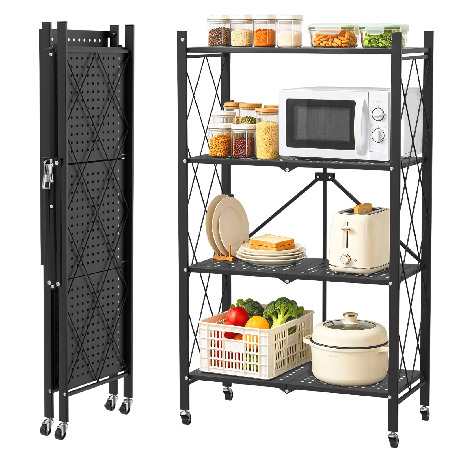 Pieghevole Scaffali in Metallo con Ruote,4 Piano Ripiano Scaffale con Ruote,Soggiorno con 4 Ripiani,gehören Camera da Letto,caffale Pieghevole,Mobili per Cucina