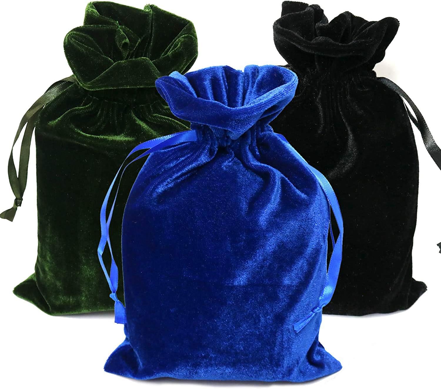 GiftExpress Pack of 3 Velvet Tarot Rune Bag, Royal Blue, Black, Moss Green 6" x 9", Velvet Pouch with Drawstring, Tarot Bag, Dice Bag, Card Bag, Jewelry Pouch