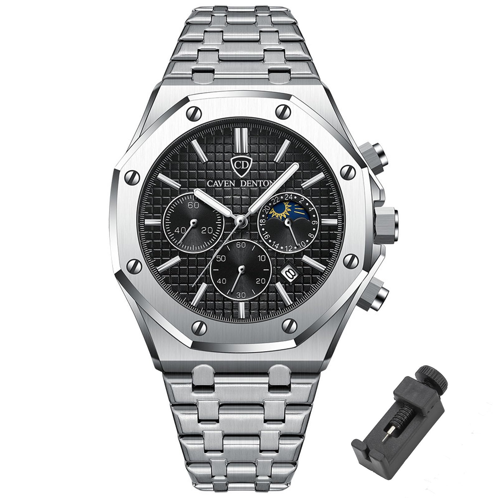 Orologio da uomo di lusso, ottagonale, classico, da lavoro, con datario, impermeabile, analogico, al quarzo, cinturino in acciaio inox, strumento di regolazione incluso