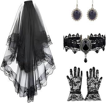 Black Bride Veil for Women, 4 Pack Halloween Costume Set, Adjustable Ladies Necklace, Printing Tulle Lace Gloves and a Pair of Earring for Halloween Costume