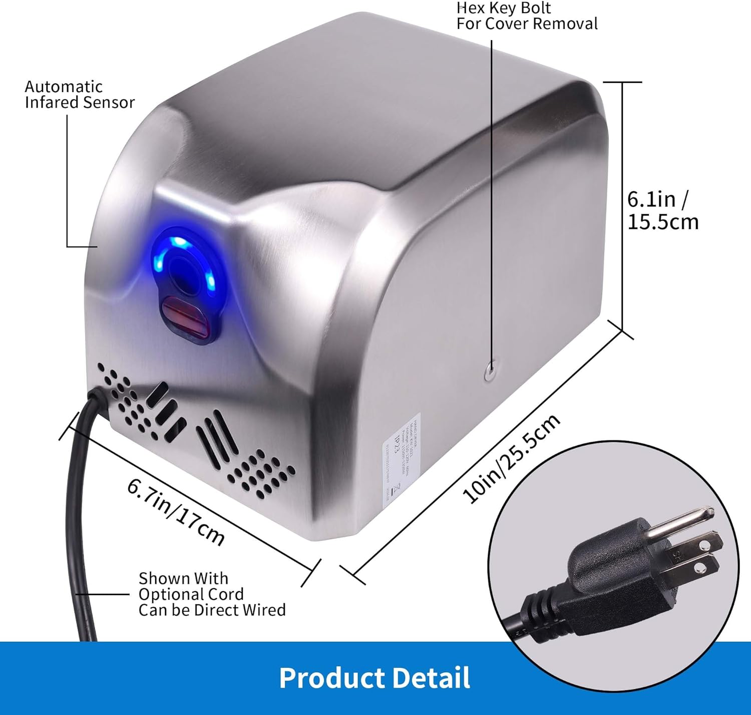 Goetland 304 Stainless Steel Hand Dryer Commercial Compact 1350w 70dB Heavy Duty Dull Polished for Bathroom Home Business Apartment