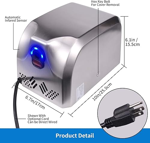Miniatura 4 de Goetland Secador de manos de acero inoxidable 304 comercial compacto 1350 w 70 dB resistente pulido para baño casa apartamento de negocios Pulido