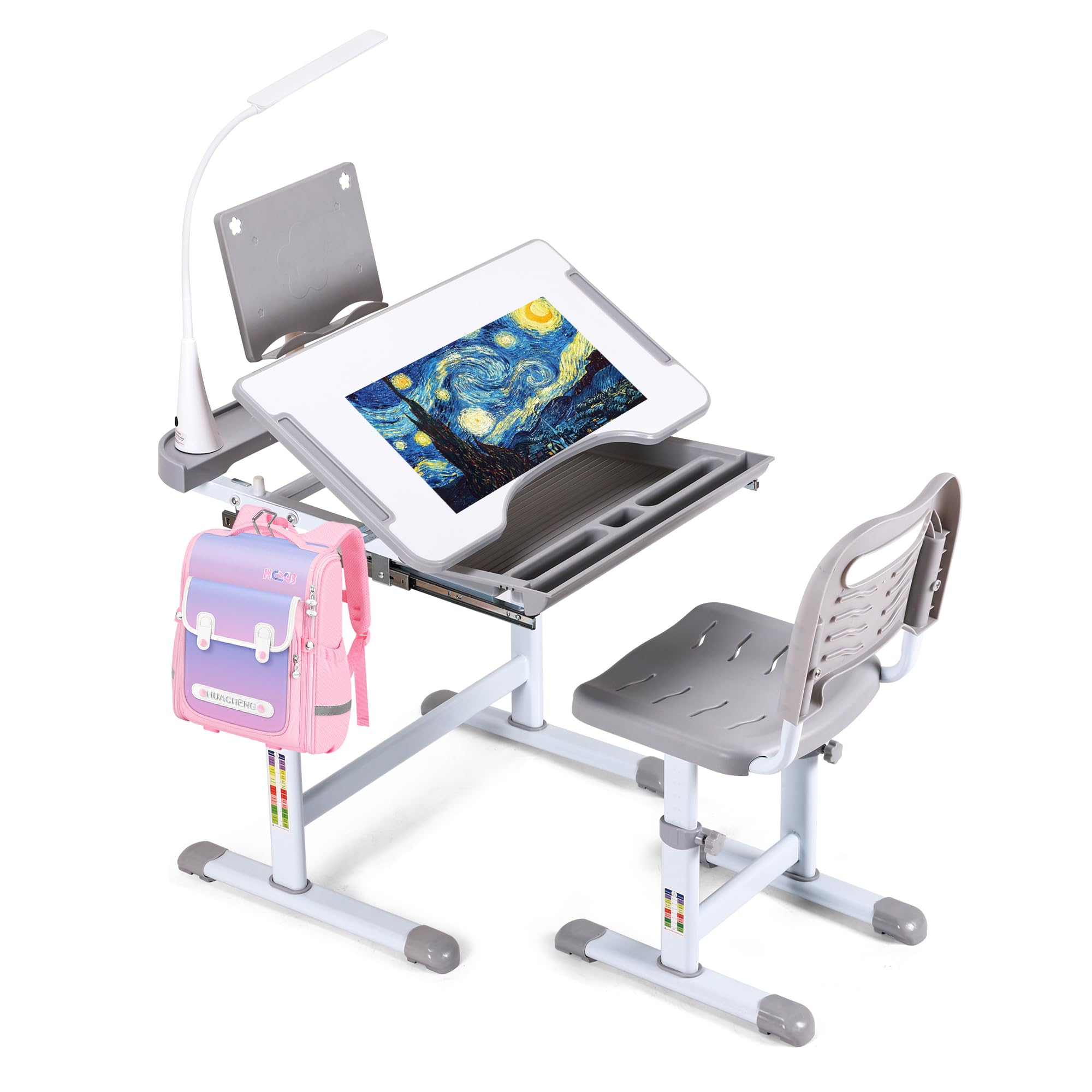 UNICOO® Kids Study Table and Chair Set, Height Adjustable Kids Art Desk, Ergonomic Study Desk for Kids, w/LED Lamp, Tilt Desktop, Pull Out Drawer -
