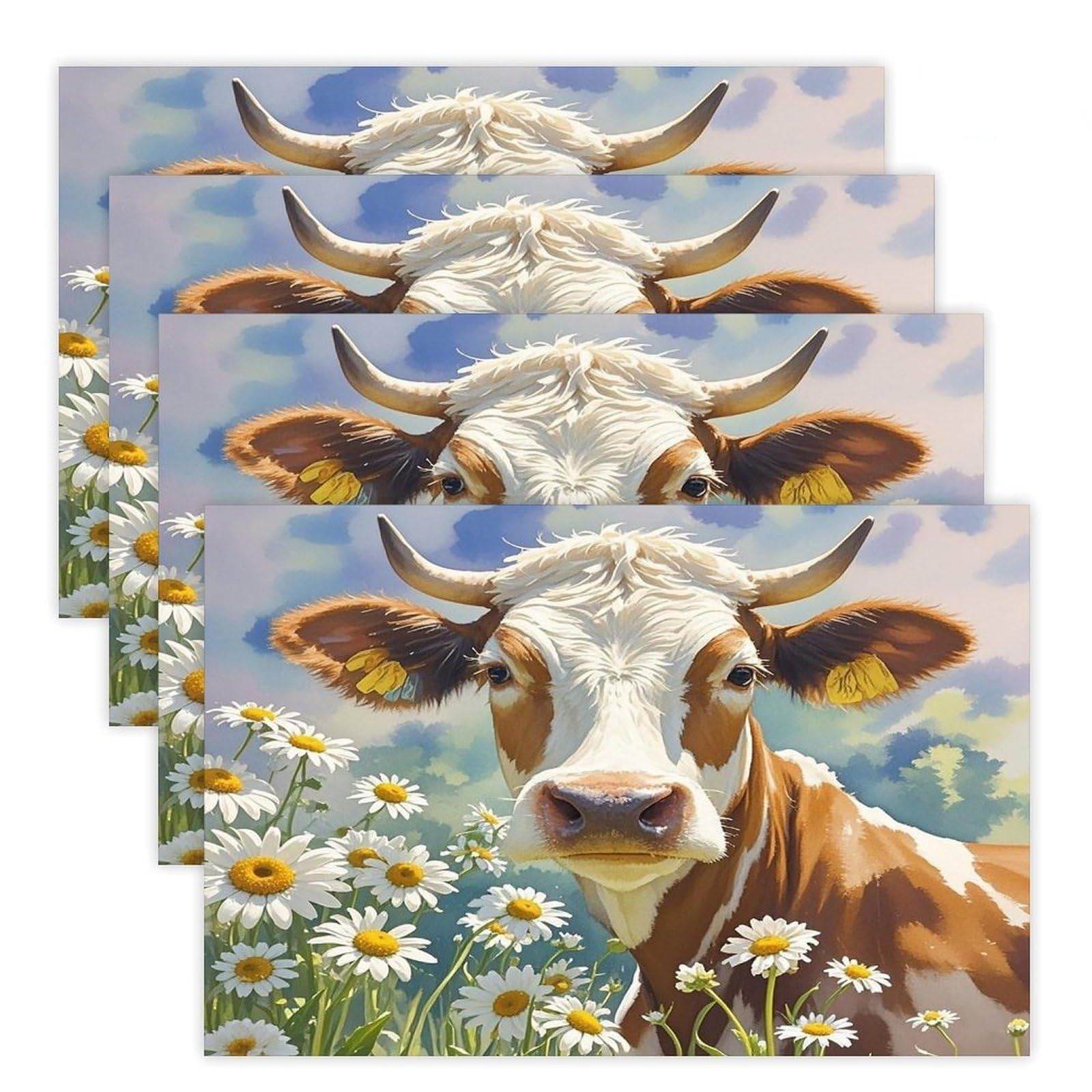 Watercolor Cow and Daisy Flower Placemats Flax Place Mats for Dining Table Rectangle Non-Slip Table Mats Heat Resistant Washable Placemat for Kitchen Home Decor Party Outdoor 12" X 18"