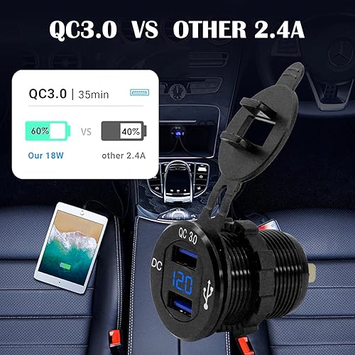 Miniatura 4 de LENKRAD Carrito de golf Puerto de carga USB de carga rápida dual 3.0 USB Salida marina 12V24V Salida USB con medidor de voltios LED azul, salida USB