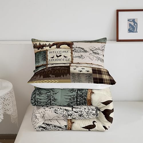 Miniatura 6 de Juego de edredón rústico de oso tamaño Queen, edredón de cabaña de lago para niños, niñas y jóvenes, edredón alternativo de plumón de pinos de