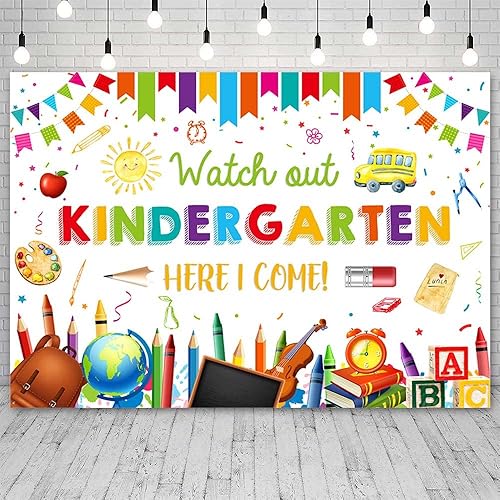 Miniatura 4 de Fondo de 7 x 5 pies para jardín de infantes para el regreso a la escuela, con texto en inglés "Watch Out Kindergarten Here I Come", suministros para
