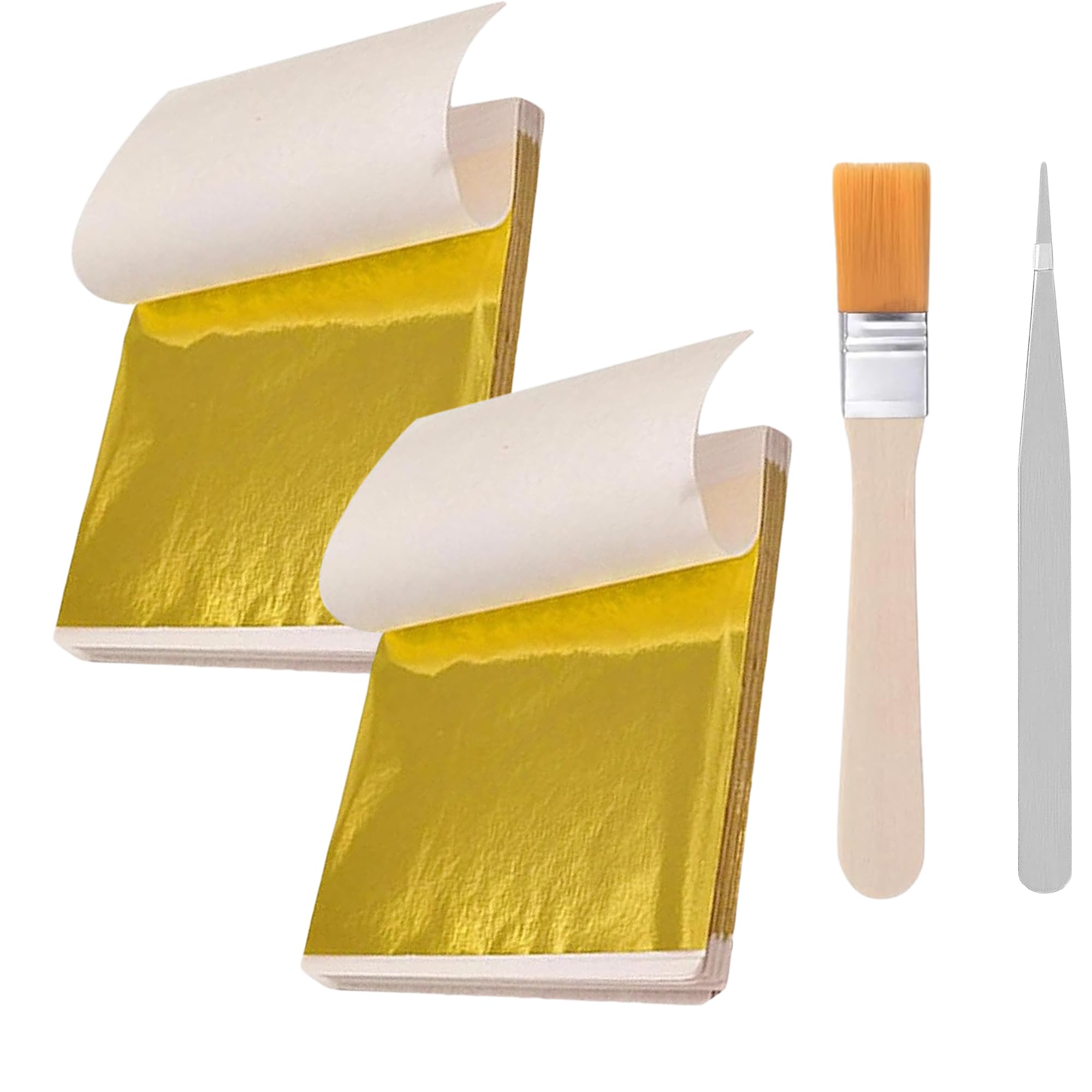200 Sheets Premium Gold Leaf Kit – 8.5cm Gold Foil Sheets with Brush & Tweezer for Cakes, Crafts, Gilding, Art & Decorative Projects