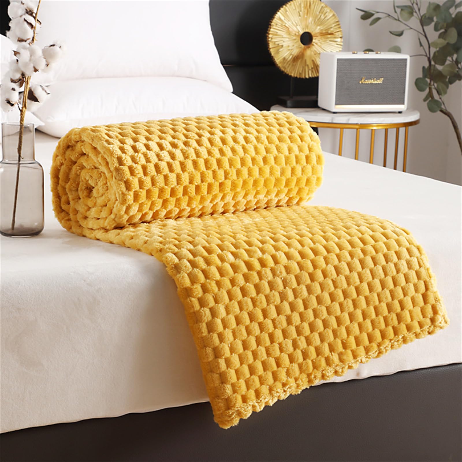 Highdi Winter Blankets and Throws for Sofa Beds, Soft Warm Sofa Throw Fluffy Cozy Bed Throws Fleece Throw Blanket for Kids Adults Bedroom Couch Travel-Plaid (150X200cm,Yellow)