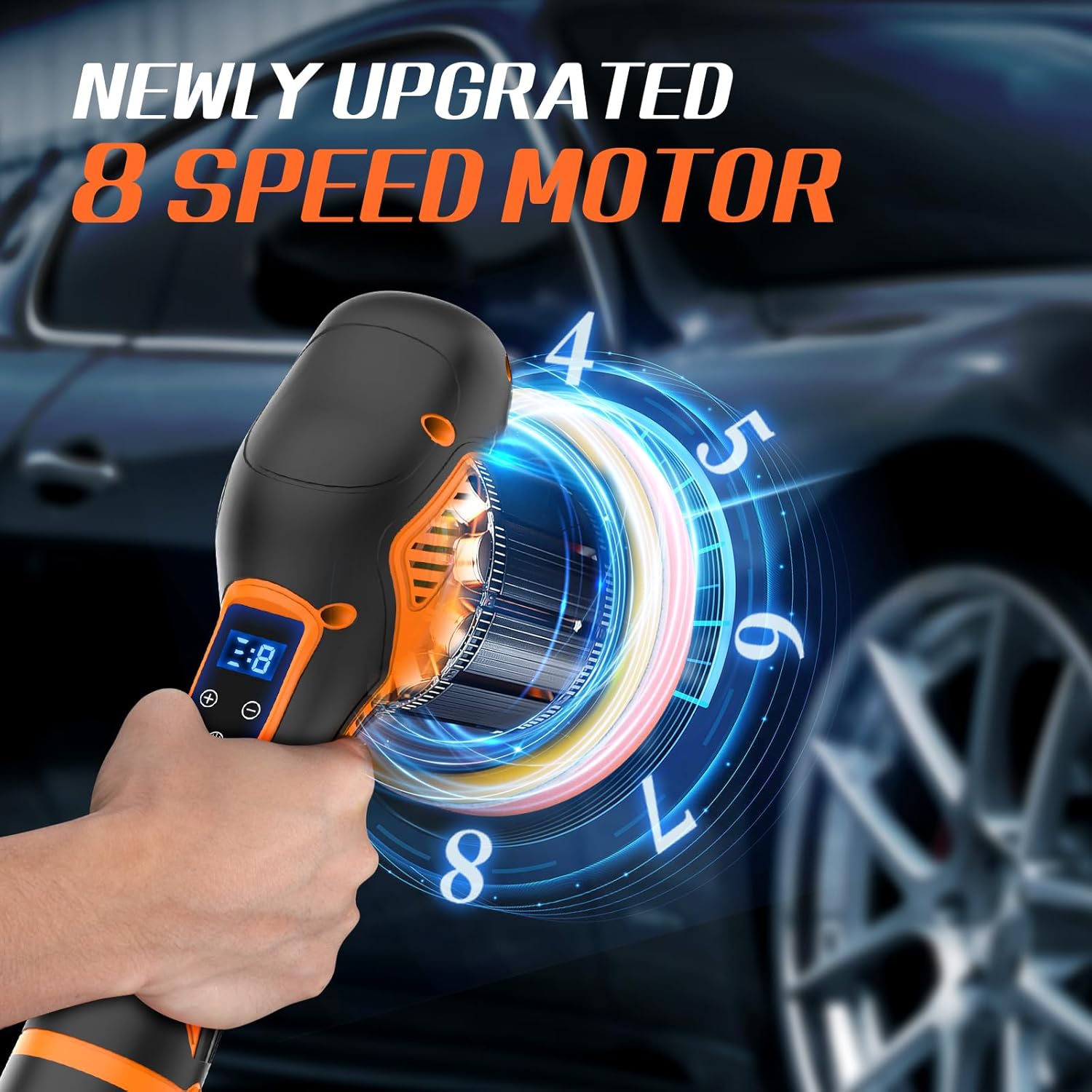 Protmex 12V Cordless Car Polisher with 8-speed motor display