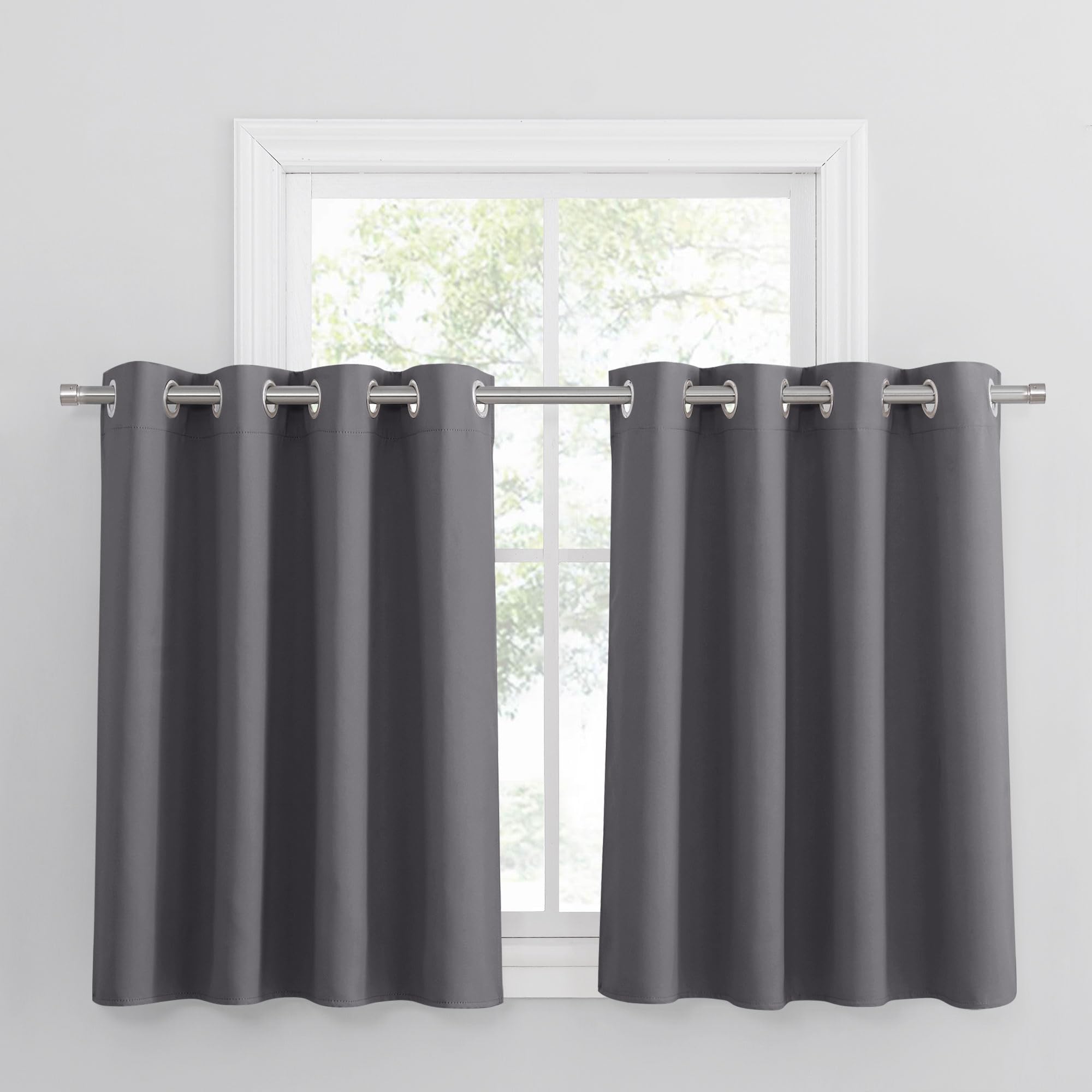 PONY DANCE Grey Blackout Window Short Curtains with Eyelet - W 46 x L 36 Inch, Thermal Insulated Home Decorative Curtain for Bedroom & Kitchen, 2 Pieces โ image 1