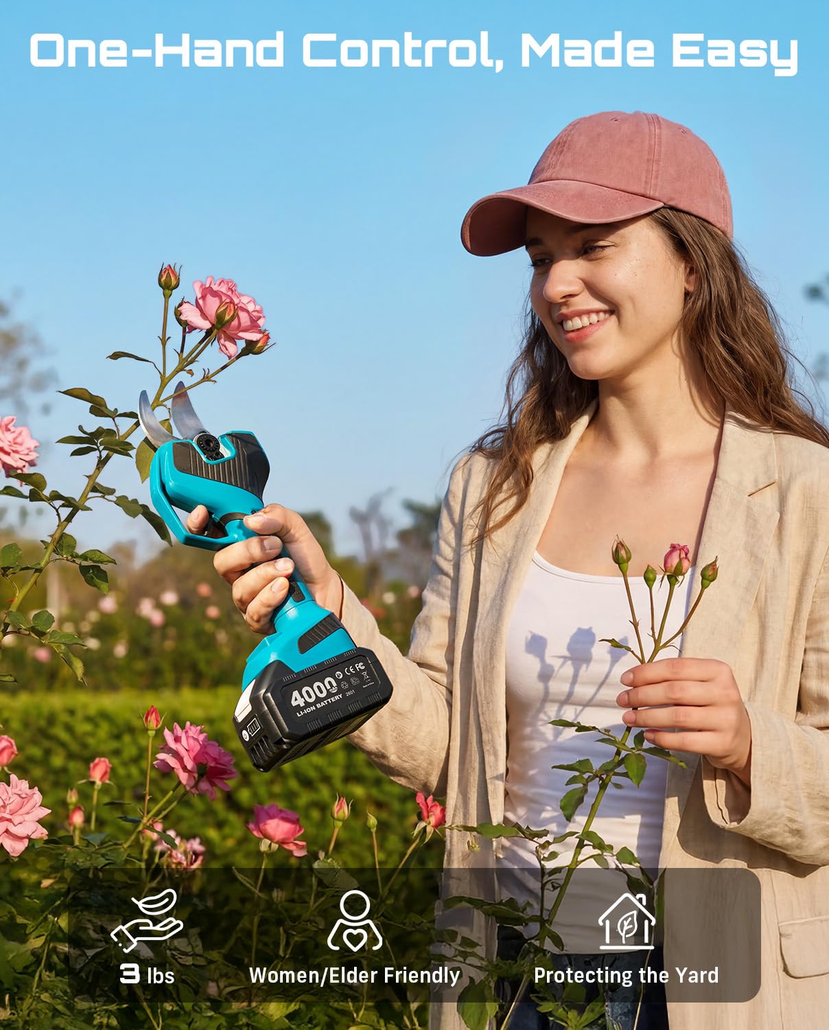 SEESII Tijeras de podar eléctricas con batería de 55 mm con luz LED, 2 baterías de 4000 mAh, hoja SK5, motor sin escobillas, pantalla LCD, para huertos, paisajismo y jardinería profesional