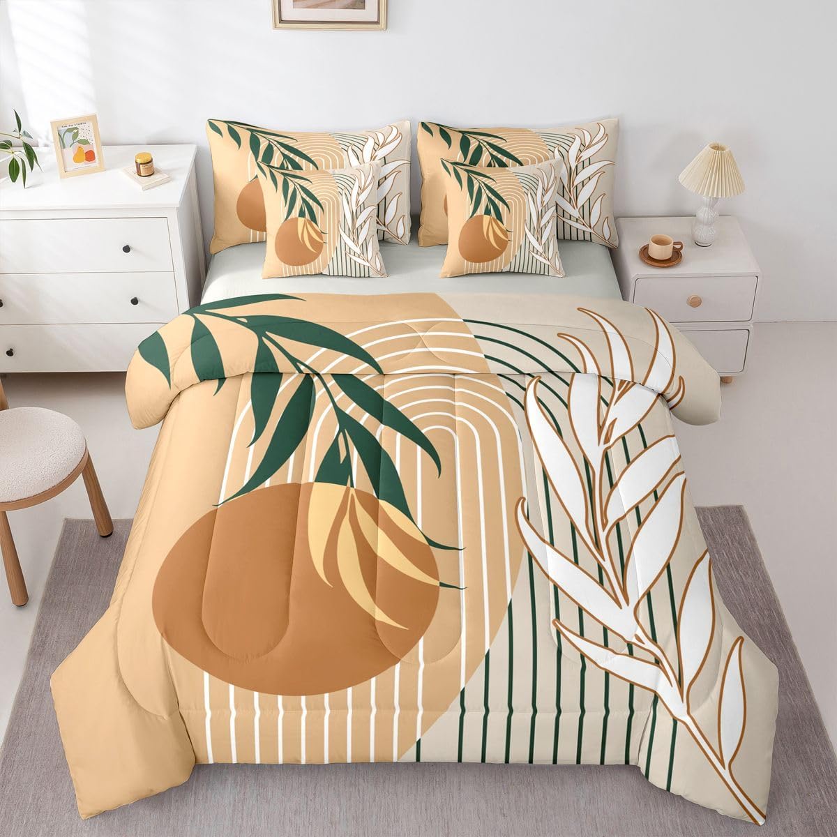 Mid Century Champagne 7pcs Comforter Set Queen Size,Abstract Modern Sun Leaf Bedding Set for All Season,Boho Geometric Arch Curve Bed in A Bag with Comforter,Sheets and Pillowcases,Kids Boy Room Decor