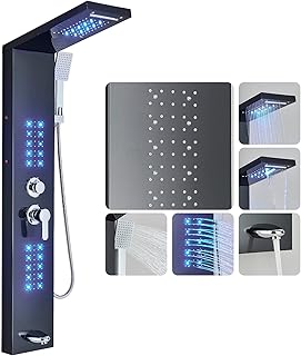 Duschpaneel Wandmontiertes Duschsystem mit LED,Multifunktionale Duschsäule mit Regendusche Wasserfalldusche Massagedusche Handbrause Duscharmatur Komplettset Duschpaneel mit Armatur Schwarz