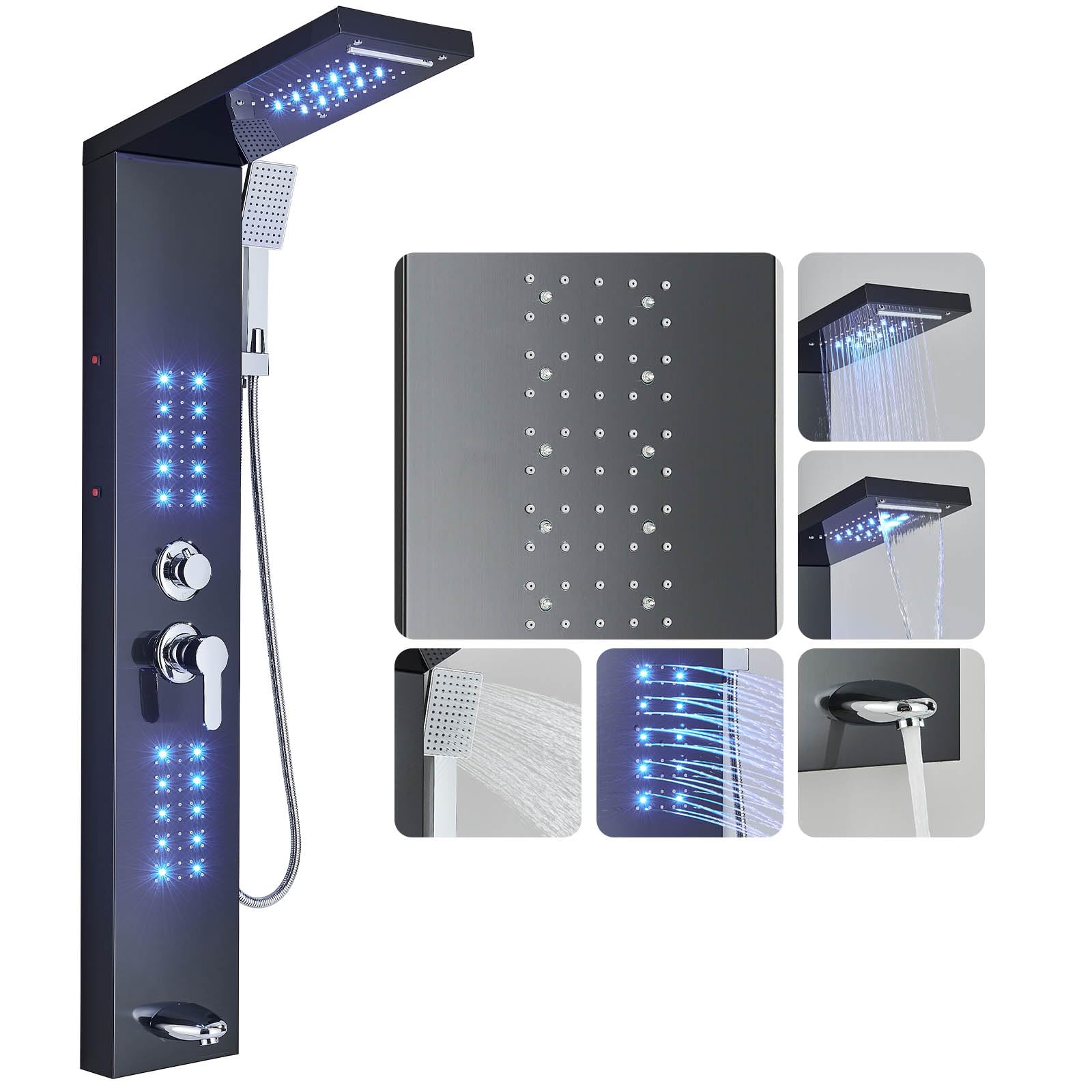 Pannello doccia a parete con sistema LED, colonna doccia multifunzionale con doccia a pioggia, cascata, massaggio, doccetta manuale, rubinetto, set completo con pannello doccia e
