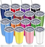 YOUKEOLA 16-Pack 20oz Insulated Tumblers - Stainless Steel Double Wall Vacuum Cups with Lids & Straws for Hot Cold Drinks, Mixed Colors
