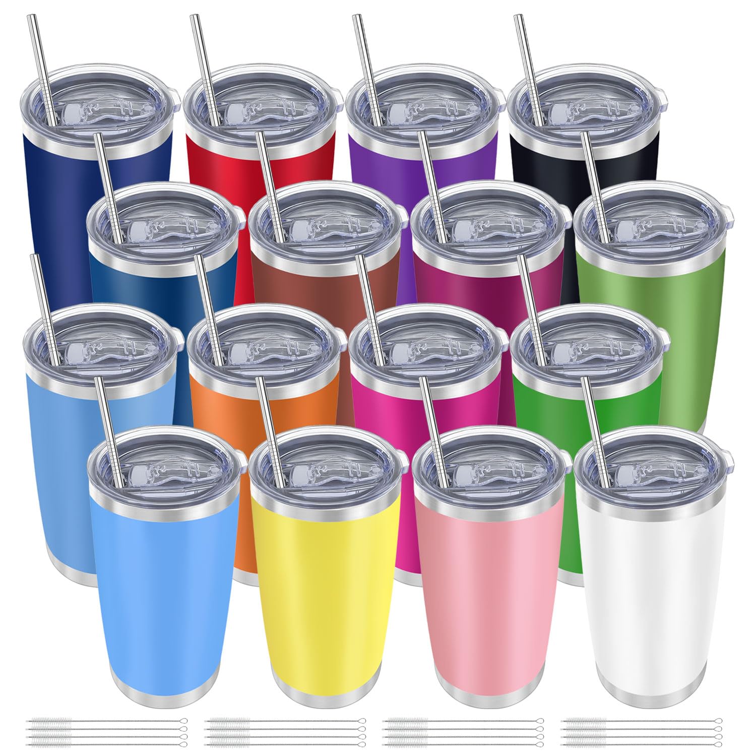 YOUKE OLA 16 Pack Insulated Coffee Tumbler - 20oz Stainless Steel Double Wall Vacuum Travel Tumbler Cup with Lid and Straw for Cold & Hot Drinks (Mixed Colors)