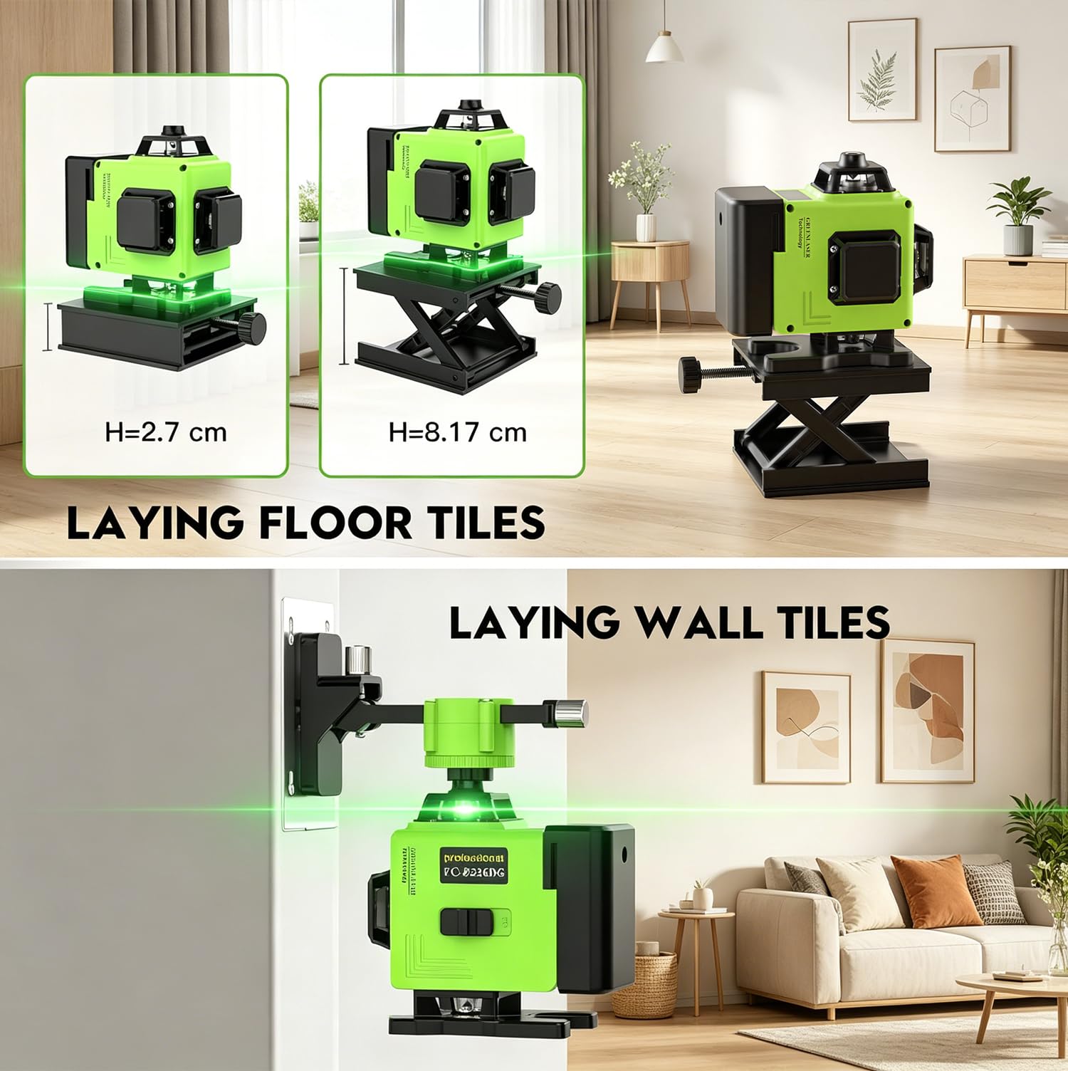 Niveau Laser Chantier Autonivelant 360° x 4, Laser Niveaux 4D 16 Lignes Laser, Autonivellement et Mode Pulsé Extérieur, 2 x Batterie, Nivellement Automatique, Support Rotatif, Télécommande