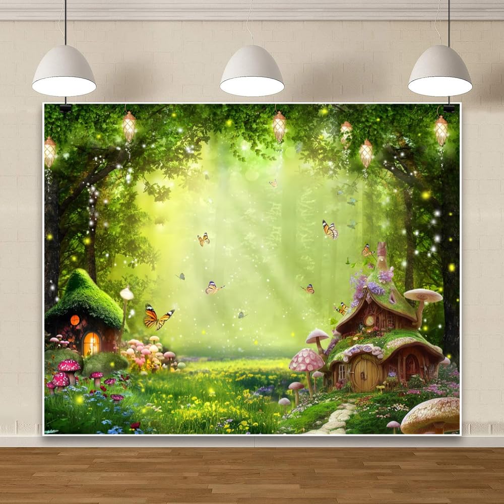 Spring Enchanted Forest Backdrop 10x8ft Fairytale Fantasy Wonderland Mushroom Butterfly Backdrops for Photography Princess Baby Shower Birthday Party Banner Decorations