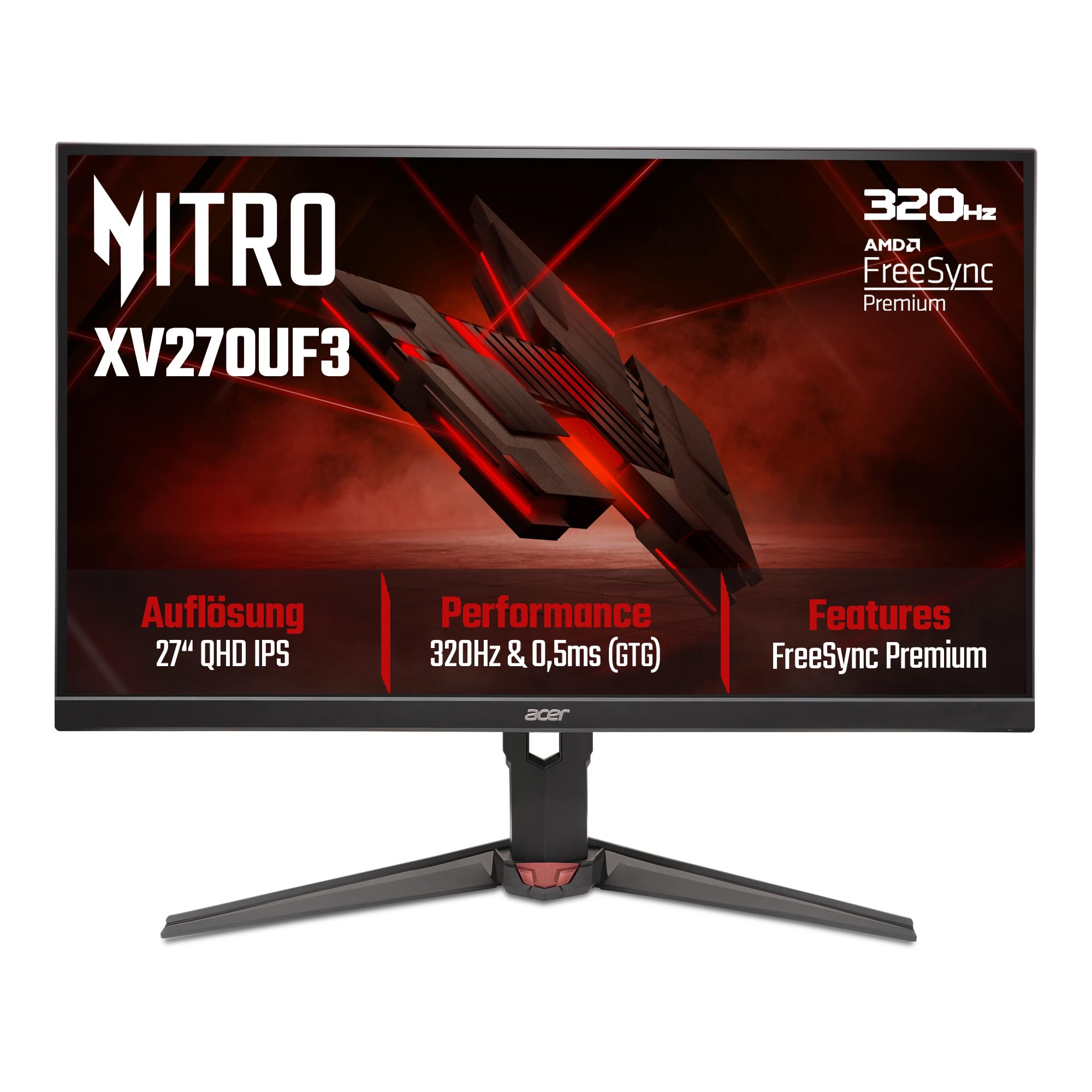 Acer Nitro XV270U F3 Gaming Monitor 27 Zoll (68,6 cm) WQHD 320Hz | 27 Zoll (68,6 cm Bildschirm) WQHD, 320Hz, bis zu 0.5ms (GtG), HDMI 2.1, DP 1.4, höhenverstellbar,Pivot, VESA