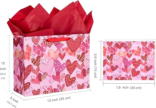 Miniatura 2 de WRAPAHOLIC Bolsa de regalo grande de San Valentín de 13 pulgadas con tarjeta y papel de seda, corazón dulce con lámina dorada