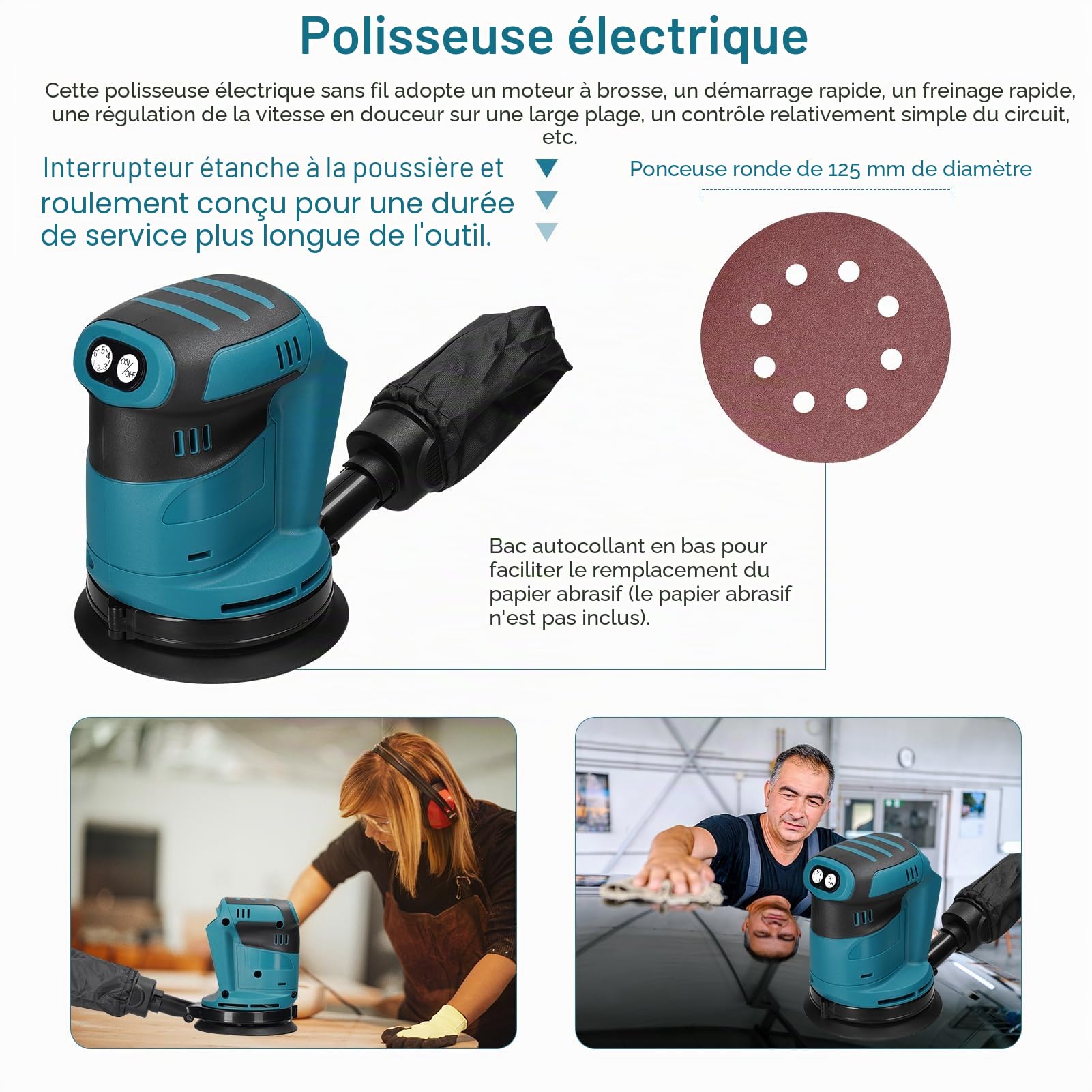 Weytoll Ponceuse Excentrique sans Fil 125 mm Vitesse 12000 tr/min Moteur Brushless (Compatible avec Batterie Makita 18V, Piles non incluses)