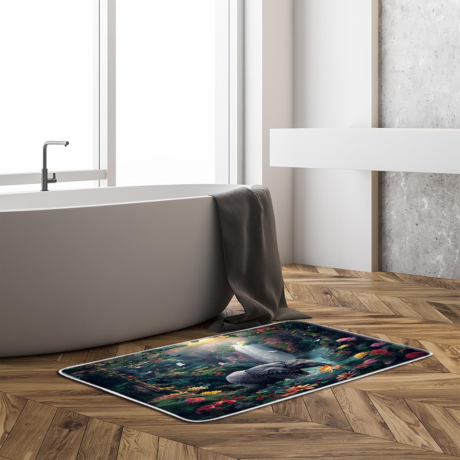 Tropical Elephant Bath Mat Rainforest Jungle Animal Floral Green Leaves Waterfall Colorful Nature Landscape 16"x24"+24"x36" Microfiber Memory Foam Bathroom Kitchen Toilet Floor Decor Mat