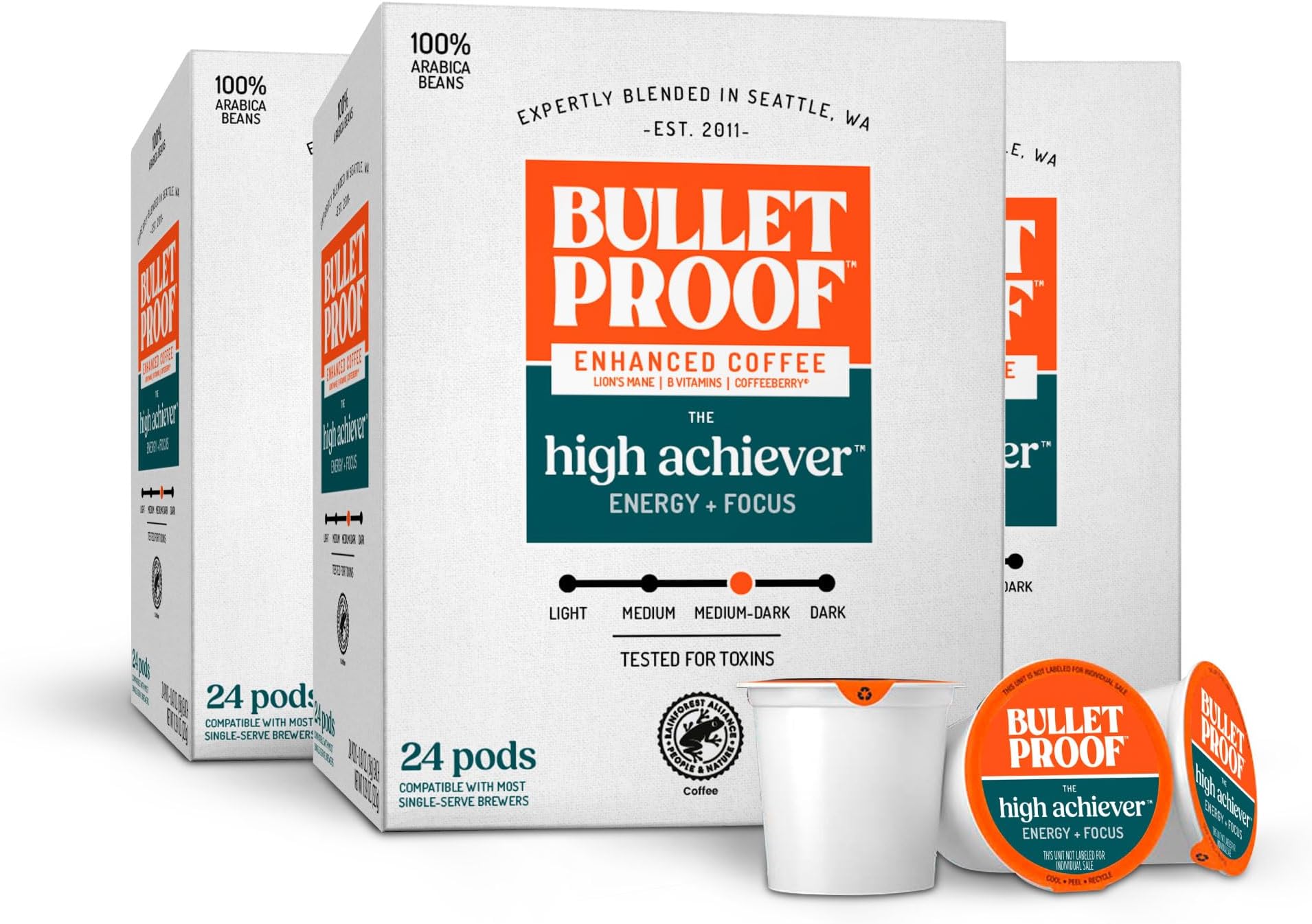 Bulletproof The High Achiever Coffee Capsules, Medium Dark Roasted Coffee, 72 Capsules with Lion Mane Mushroom, B Vitamins and Adaptogens for Energy and Concentration
