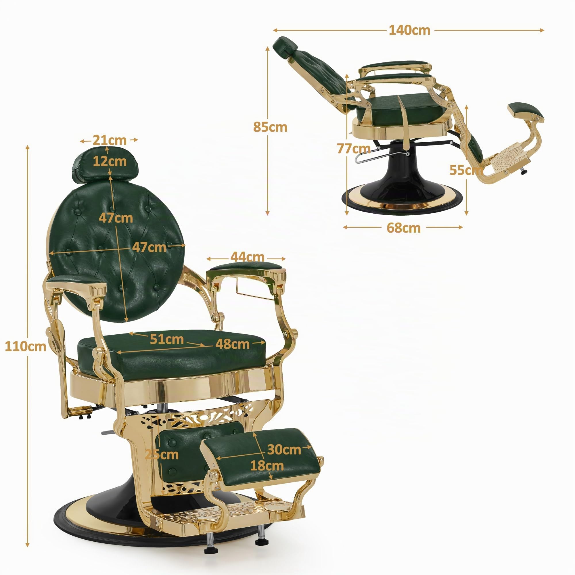 Barberpub Friseurstuhl mit Kopfstütze Kippbar, Friseureinrichtung mit Hydraulikpumpe 360° Drehbar, Höhenverstellbarer Bedienungsstuhl mit Vintage Stil, Barber Stuhl Kunstleder, 2933-F (Gold-Grün)