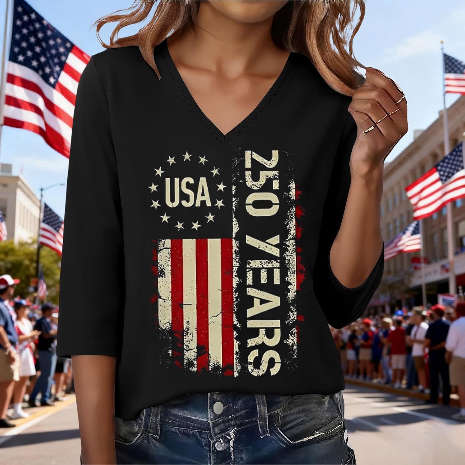 250th Anniversary USA Shirt Women American Flag 4th of July Patriotic 3/4 Sleeve T Shirts 250 Birthday Shirts