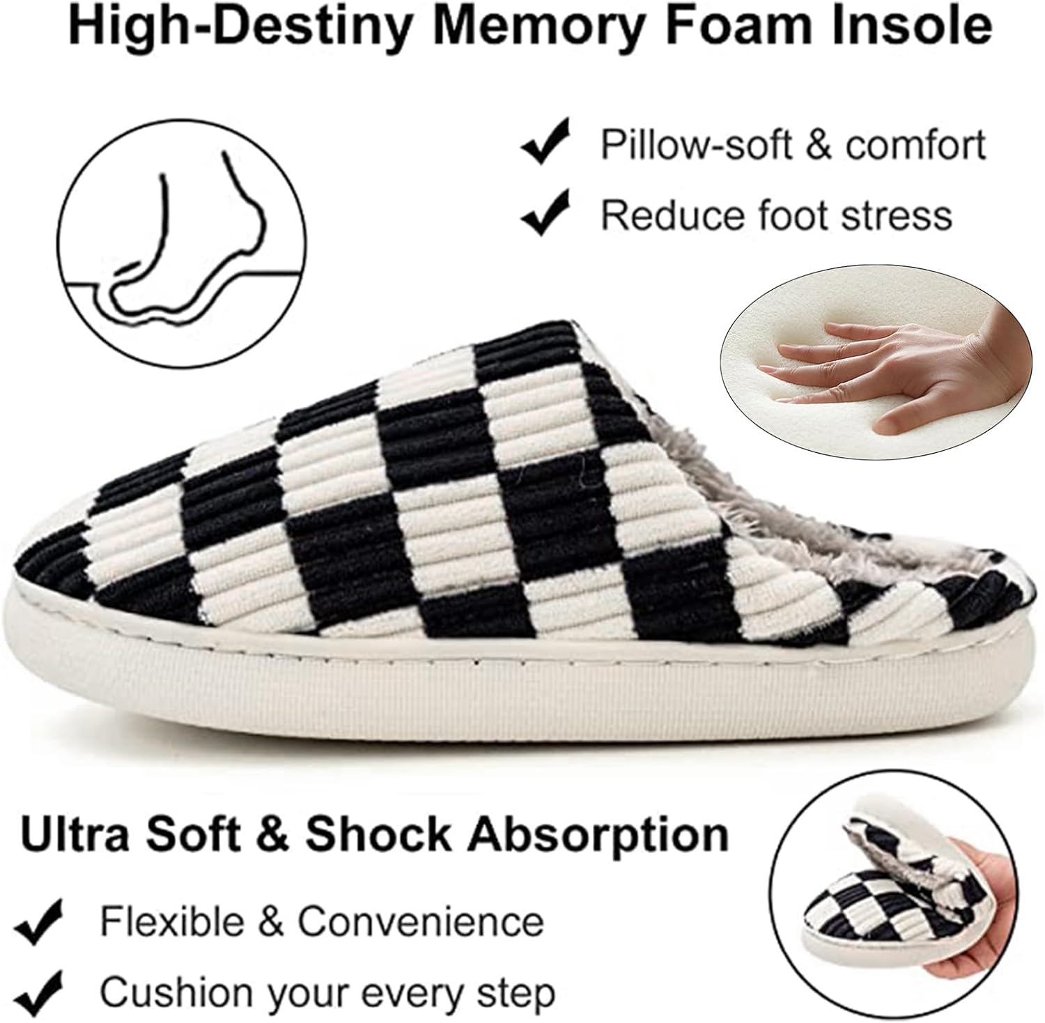 House Slippers for Woman Men, Fuzzy Checkered Mens Womens Slippers Warm Memory Foam House Shoes Indoor Outdoor with Faux Fur Lining - Image 5