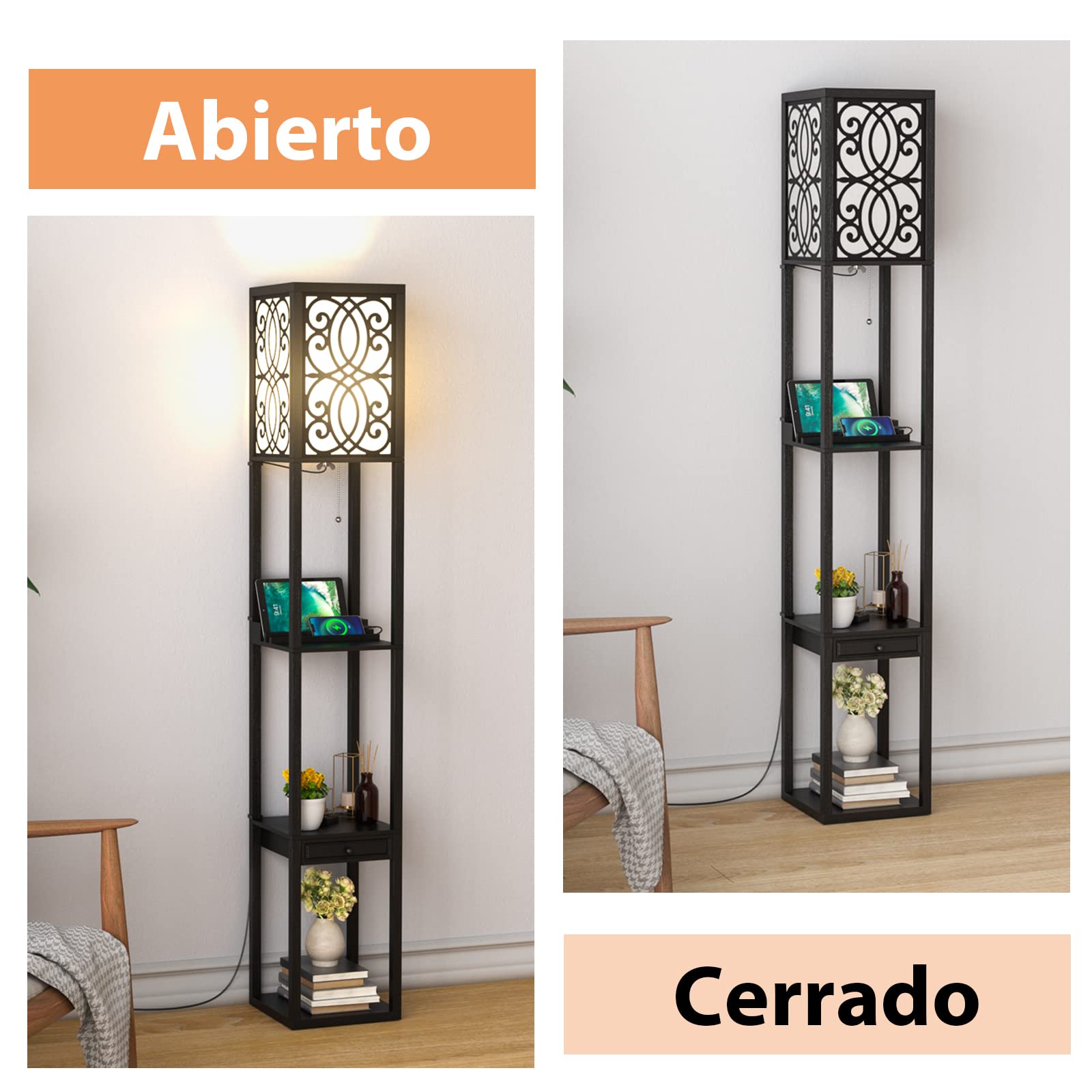 COSTWAY Lámpara de Pie con 3 Estantes y Cajón, Lámpara Moderna con 2 Puertos USB, para Salón y Dormitorio (flores)