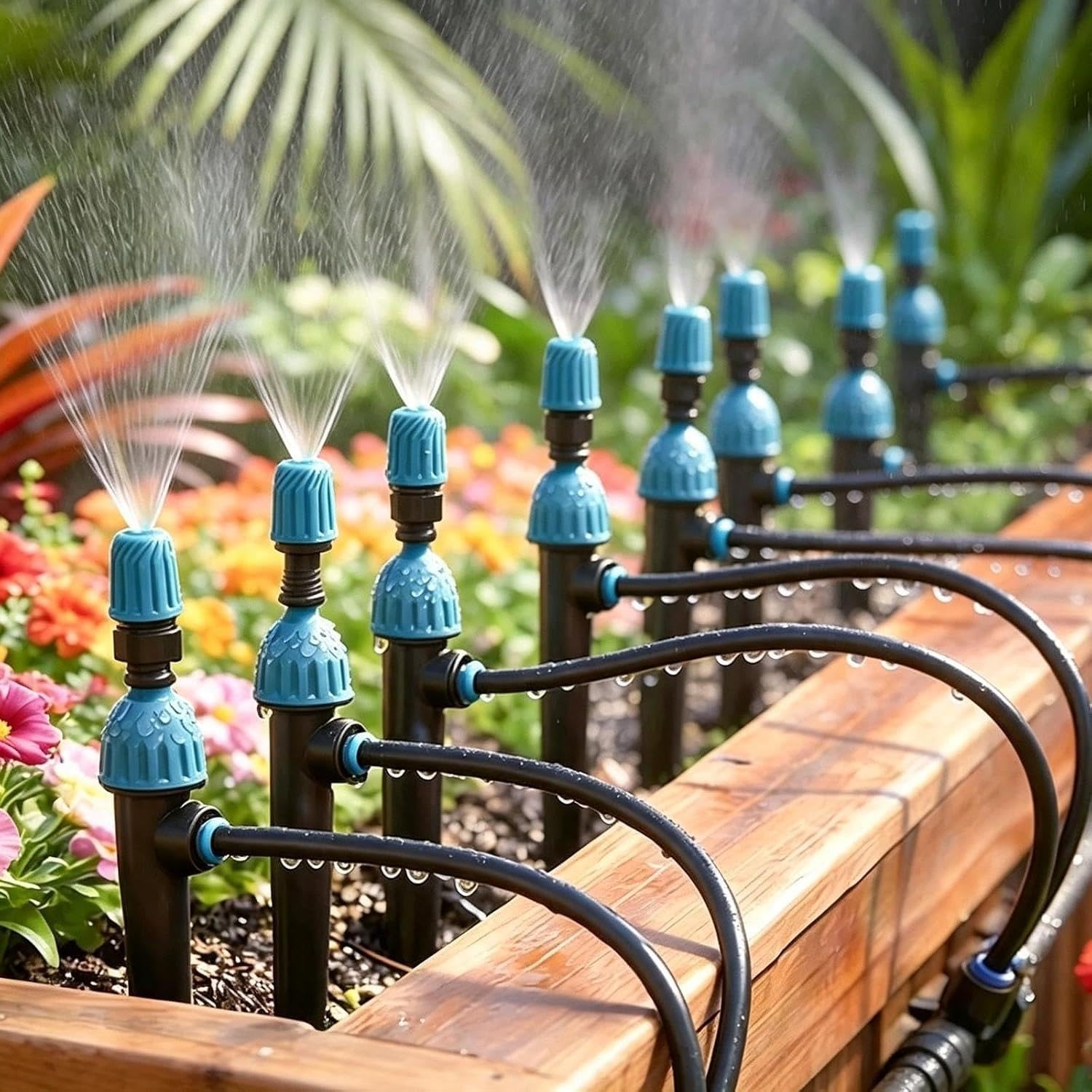 Kit de Sistema de Riego por Goteo Boquilla de pulverización de 360 °, Misters de enfriamiento con múltiples rociadores para plantas interiores y exteriores(50m/164ft)