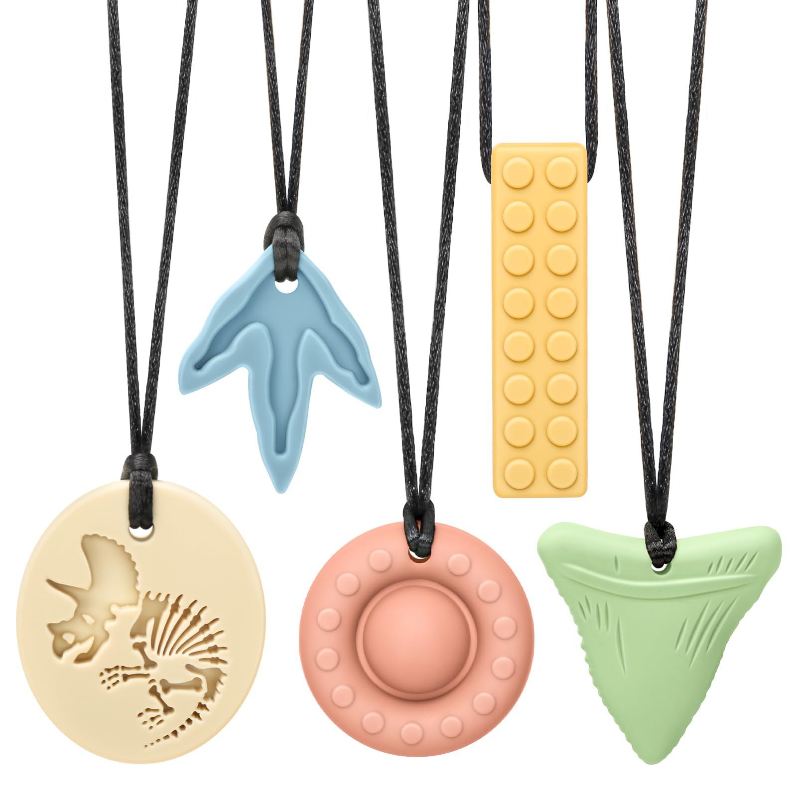 CLDY Sensory Chew Necklace for Autism & ADHD – 5 Pack Food Grade Silicone Chew Toys for Kids, BPA-Free Oral Motor Teether for Boys & Girls, Safe for Biting Needs (5 Ropes+ 5 Teethers)
