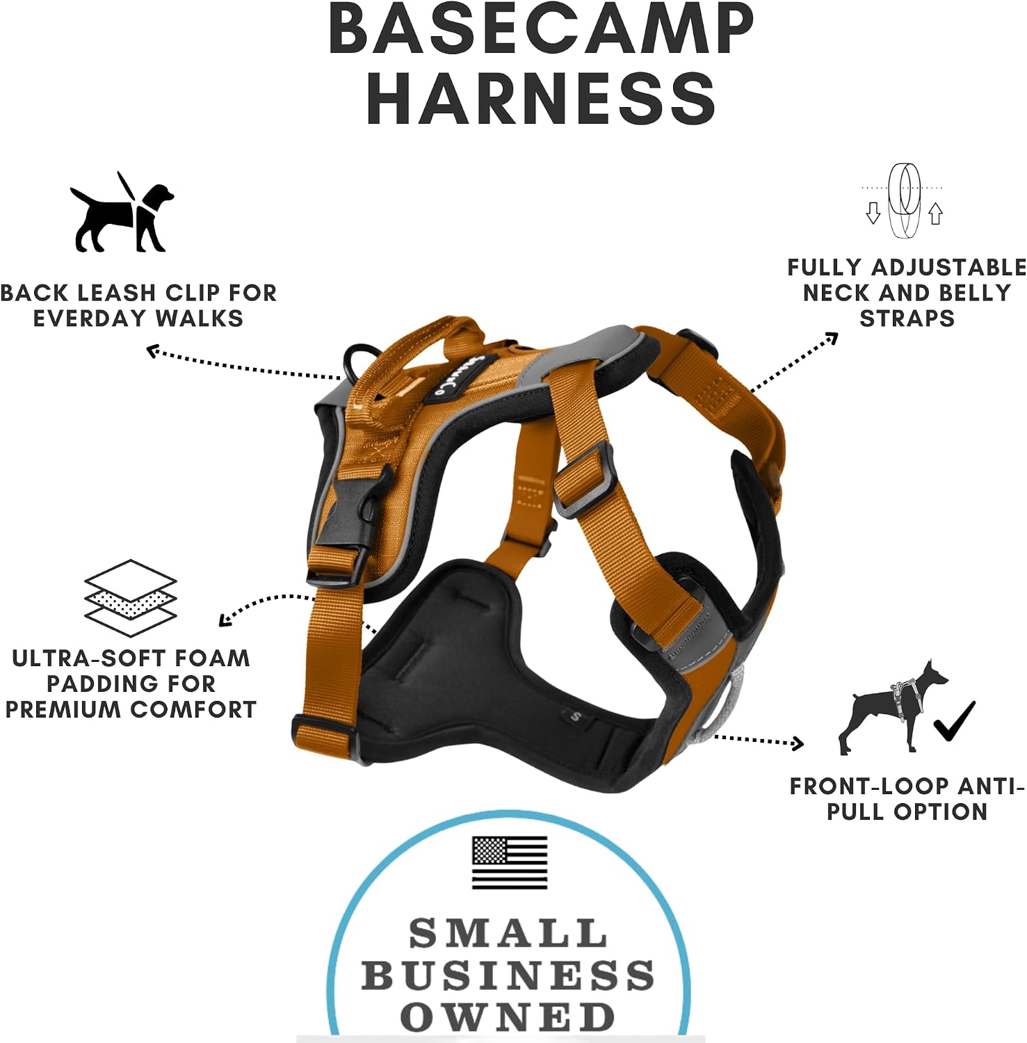 ShawnCo Basecamp Dog Harness, No-Pull Pet Vest with 3 Leash Clips, Padded, Reflective, Lightweight and Adjustable Harness with Handle for Small, Medium and Large Dogs (Sunset Orange, XS)