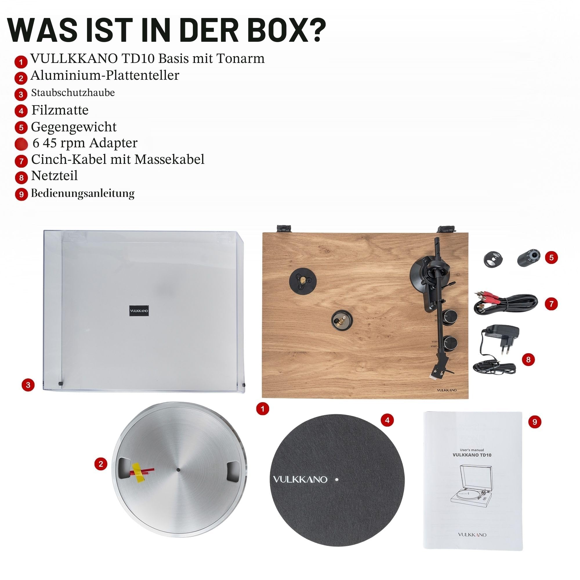 VULKKANO TD10 Plattenspieler mit Präzisions-Tonarm, Integriertem Phono-/Line-Entzerrer und Elegantem Design, Kompatibel mit 33- und 45-U/min-Schallplatten