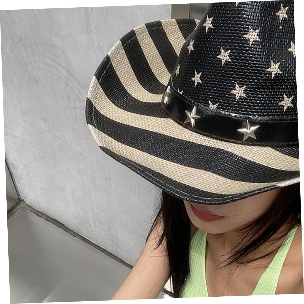 American Flag Cowboy Hat Wide Brim Straw Hat Unisex Vintage Western Patriotic 4th of July Independence Day Party Headwear Black
