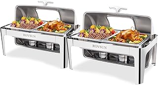 ROVSUN 2 Pack Roll Top Chafing Dish Buffet Set,9 Quart Rectangular NSF Stainless Steel Chafer for Catering,Buffet Servers and Warmers Set with Glass Window for Wedding, Party, Banquet,2 Half Size