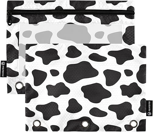 Estuche para lápices con estampado de vaca en blanco y negro para carpeta de 3 anillos, 2 bolsas para lápices con cremallera, estuche transparente