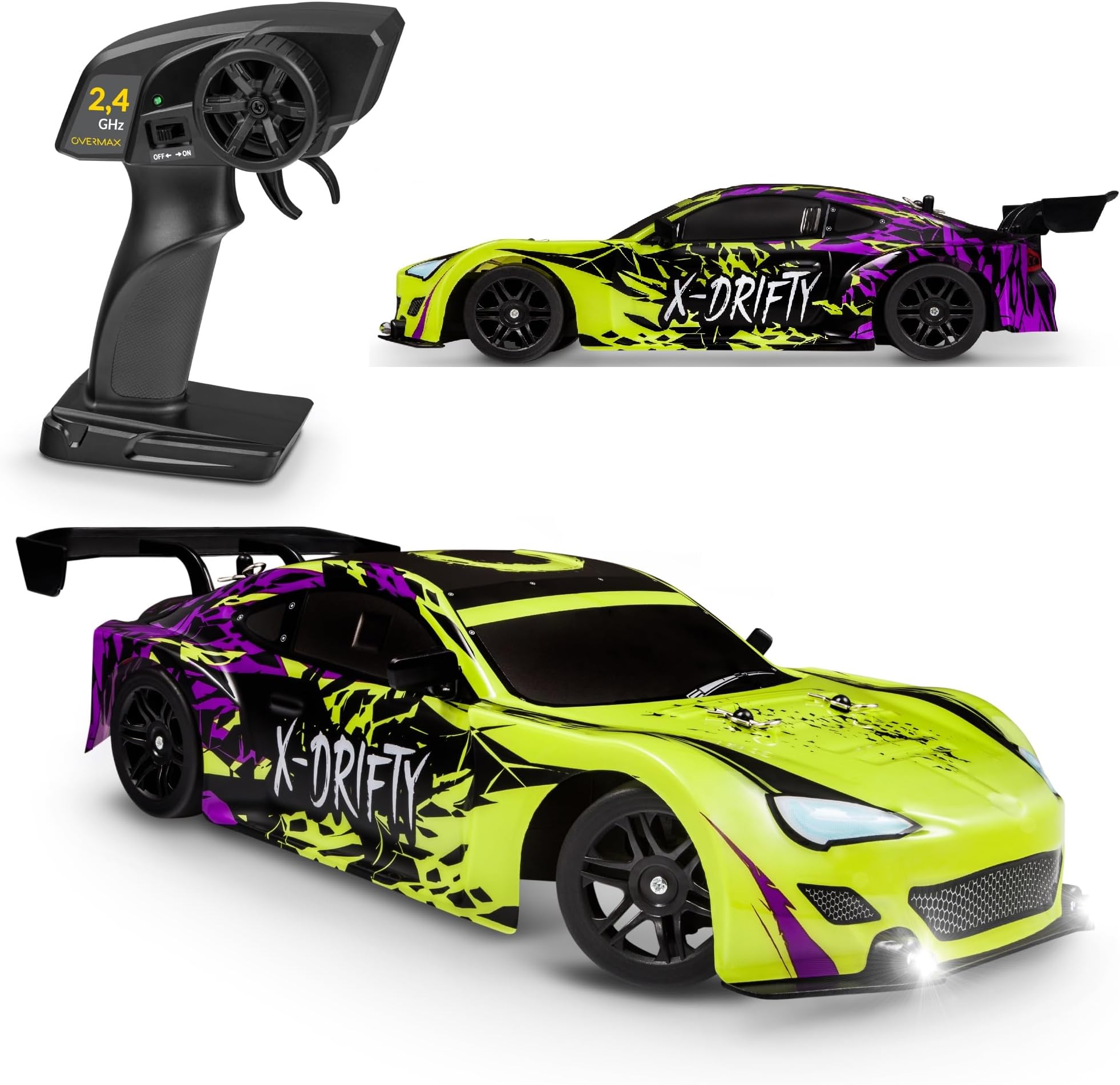 Overmax X-Drifty Pro RC Drift Car for Kids & Adults - 1:16 Scale 4WD High-Speed 20 km/h with Dual Batteries, Customizable Decals, LED Lights, Race & Drift Tires, Durable Design, Ready-to-Run