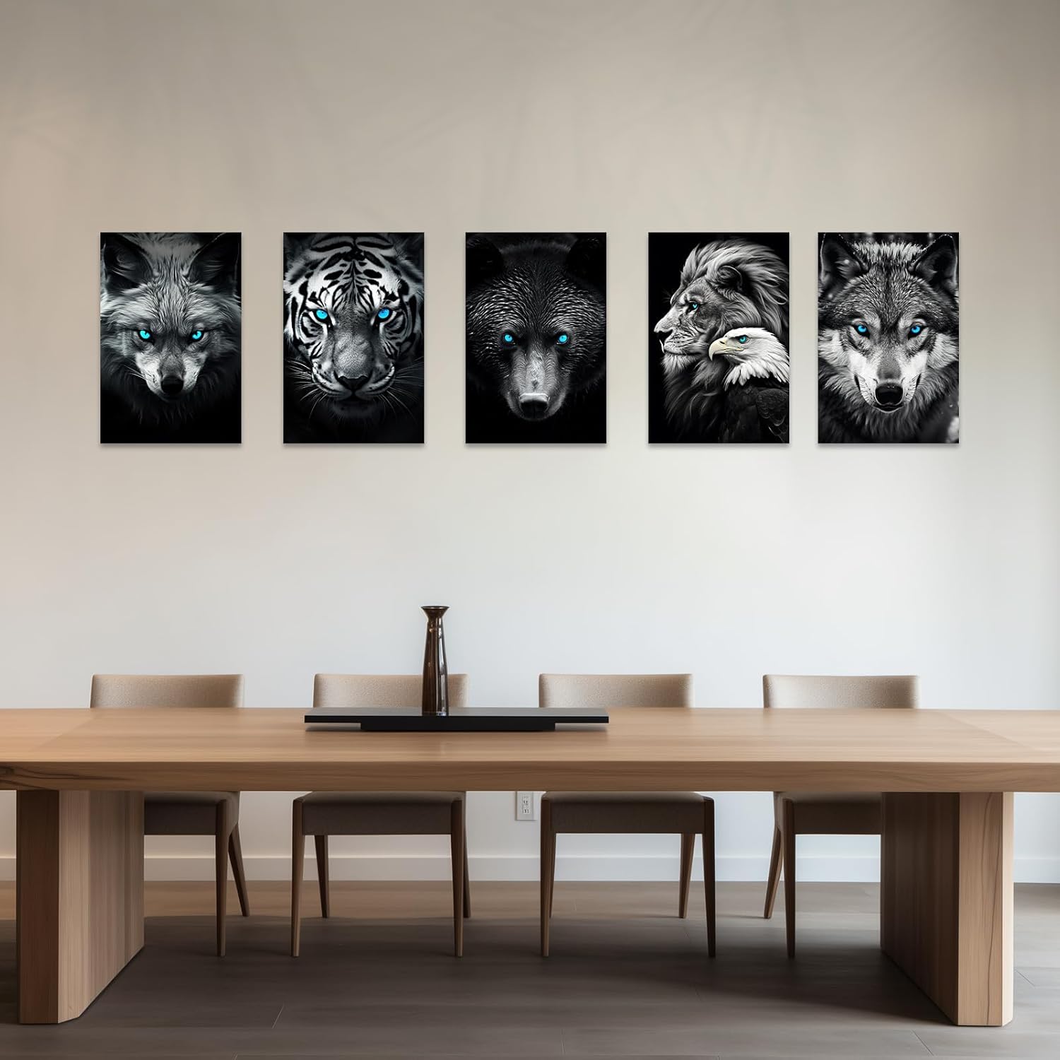 ZXHYWYM Wolf with Blue Eyes Wall Art Black and White Animal Canvas Painting Wildlife Picture Wall Decor Framed Animal Head Artwork Print for Home Office (D, (12.00" x 18.00"))