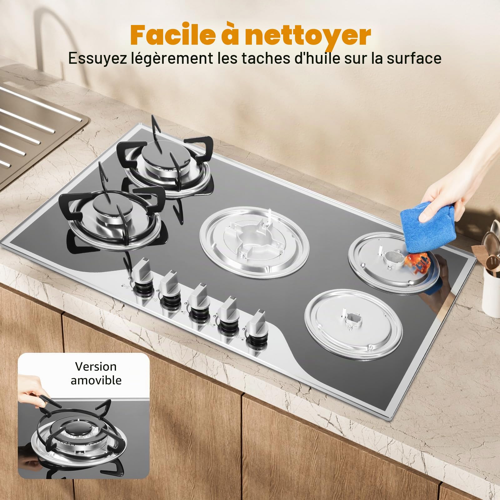 Plaque de cuisson à gaz 5 foyers avec surface en verre, plaque de cuisson à gaz en verre 5 zones - Pour gaz naturel ou GPL, 63% d'efficacité thermique, encastrable ou indépendante